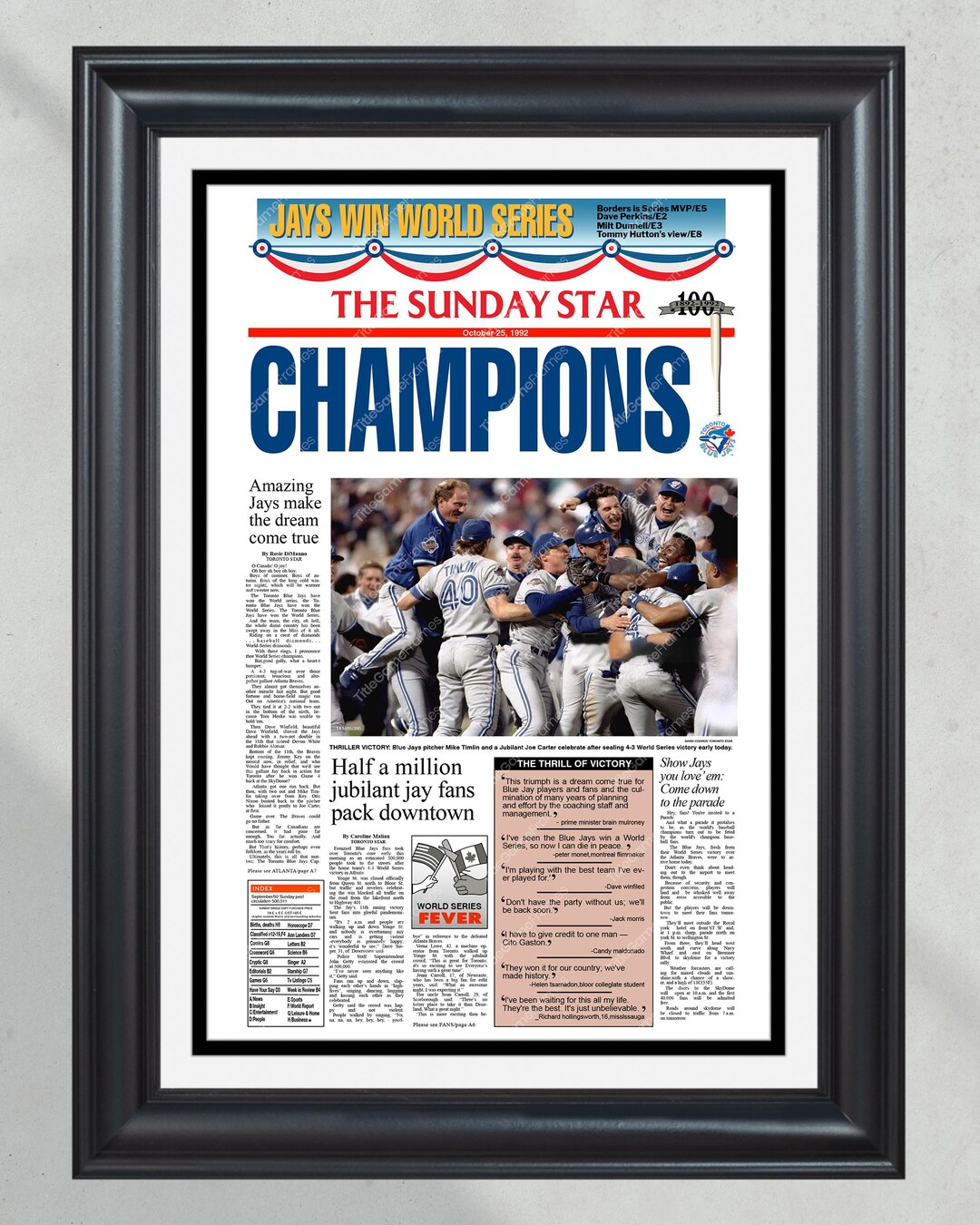 1992 Toronto Blue Jays World Series Champions Framed Front Page