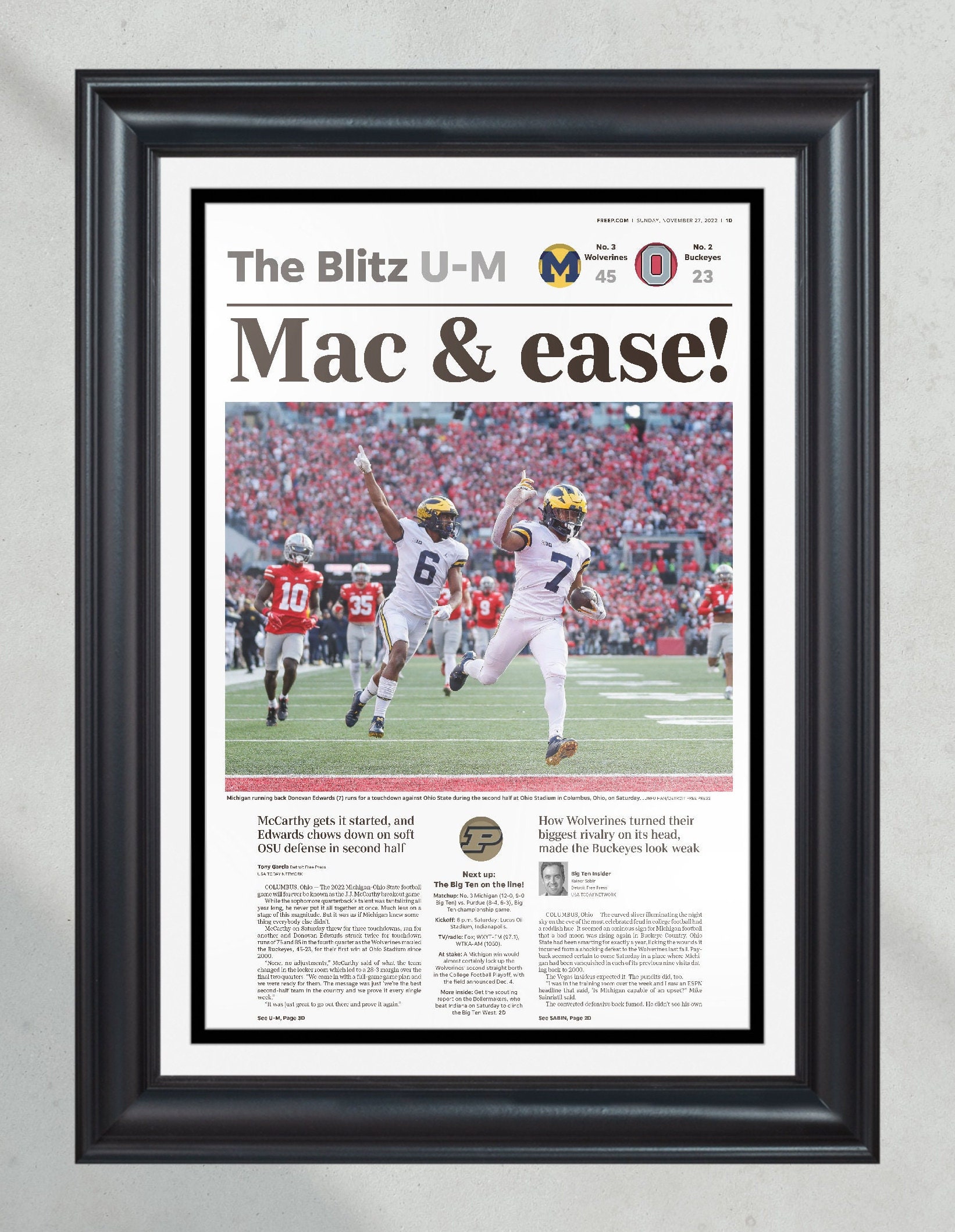 2022 Michigan Wolverines def. Ohio State Buckeyes 11/26/2022 Front Page Newspaper Print PT60749