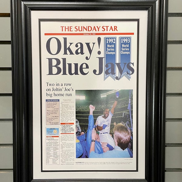 Champions de la série mondiale des Blue Jays de Toronto 1993, impression de journal encadrée