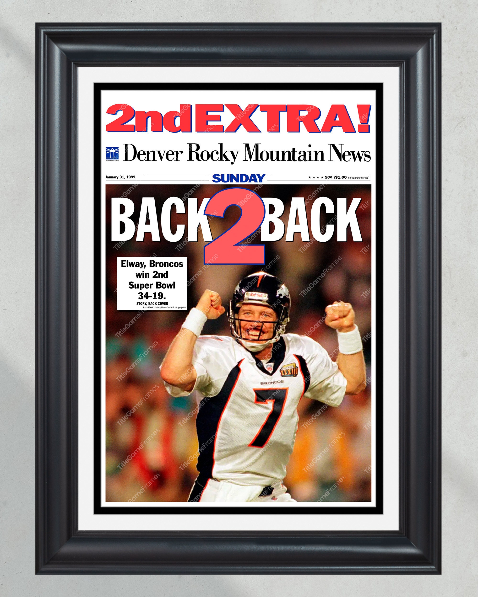 1999 Denver Broncos Super Bowl 'BACK 2 BACK' Champions Framed Newspaper PT60761