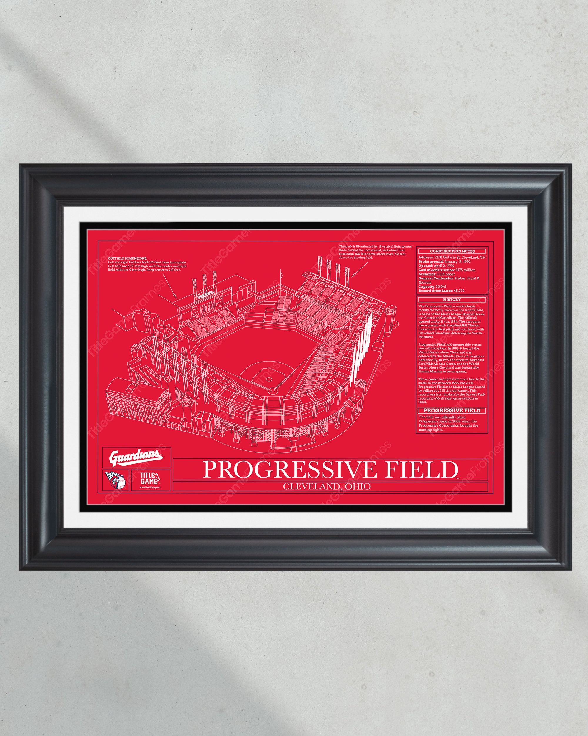 Cleveland Guardians Progressive Field Stadium Ballpark Blueprint Baseball Wall Art PT60637