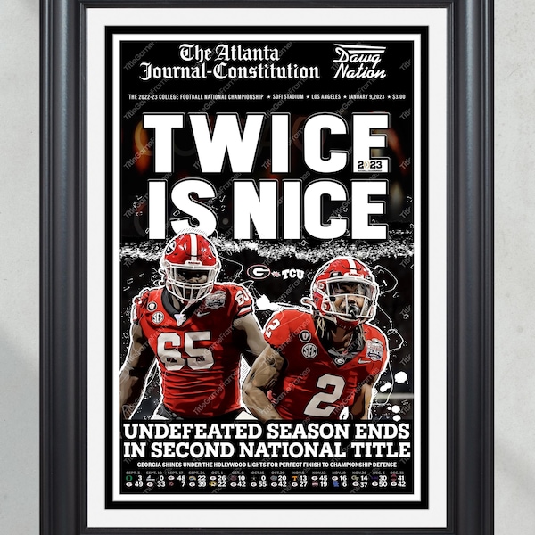 Periódico enmarcado de primera plana de los Georgia Bulldogs 'TWICE IS NICE', campeones nacionales de fútbol universitario de 2023