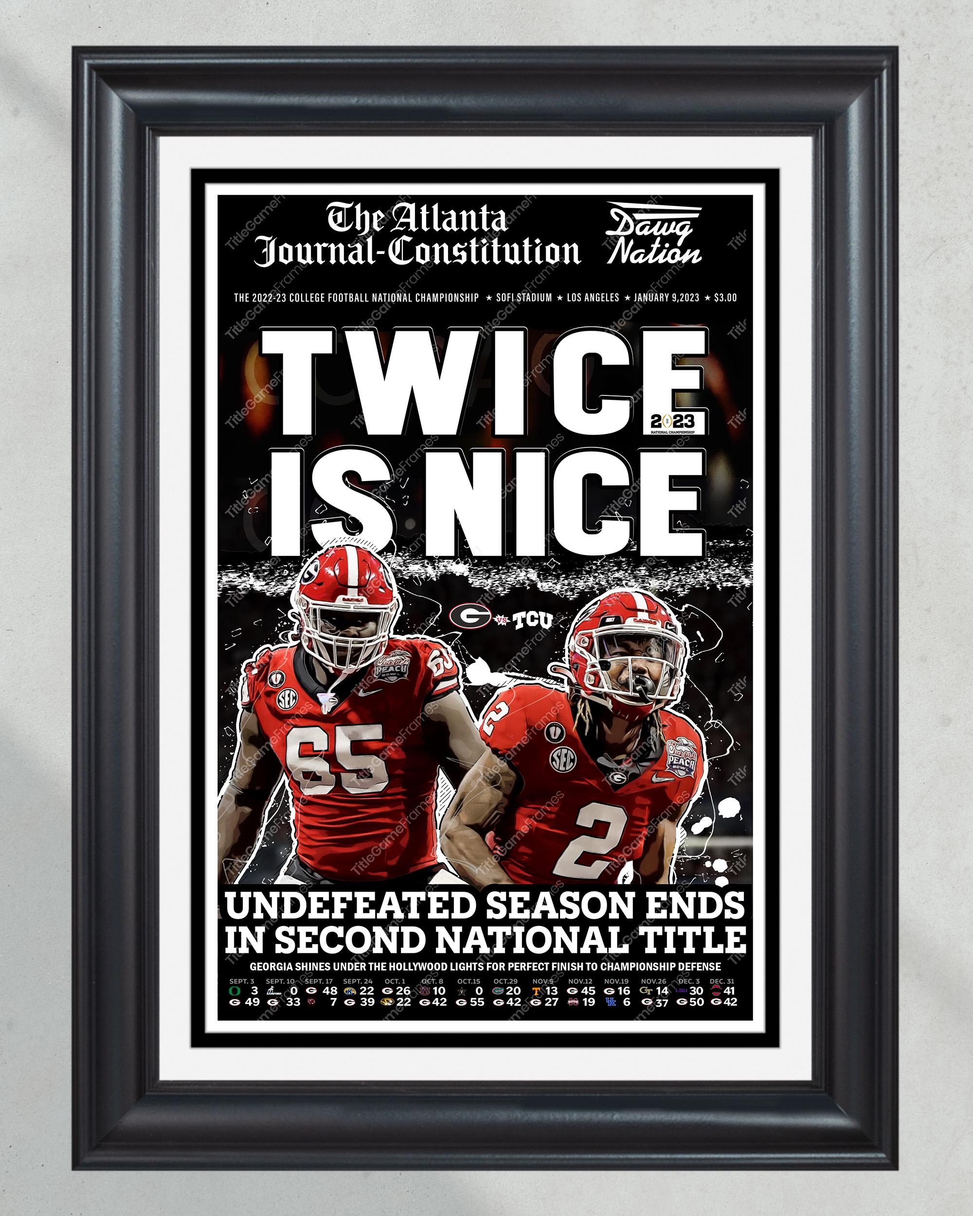 2023 Georgia Bulldogs 'TWICE IS NICE' College Football National Champions Framed Front Page Newspaper PT60289
