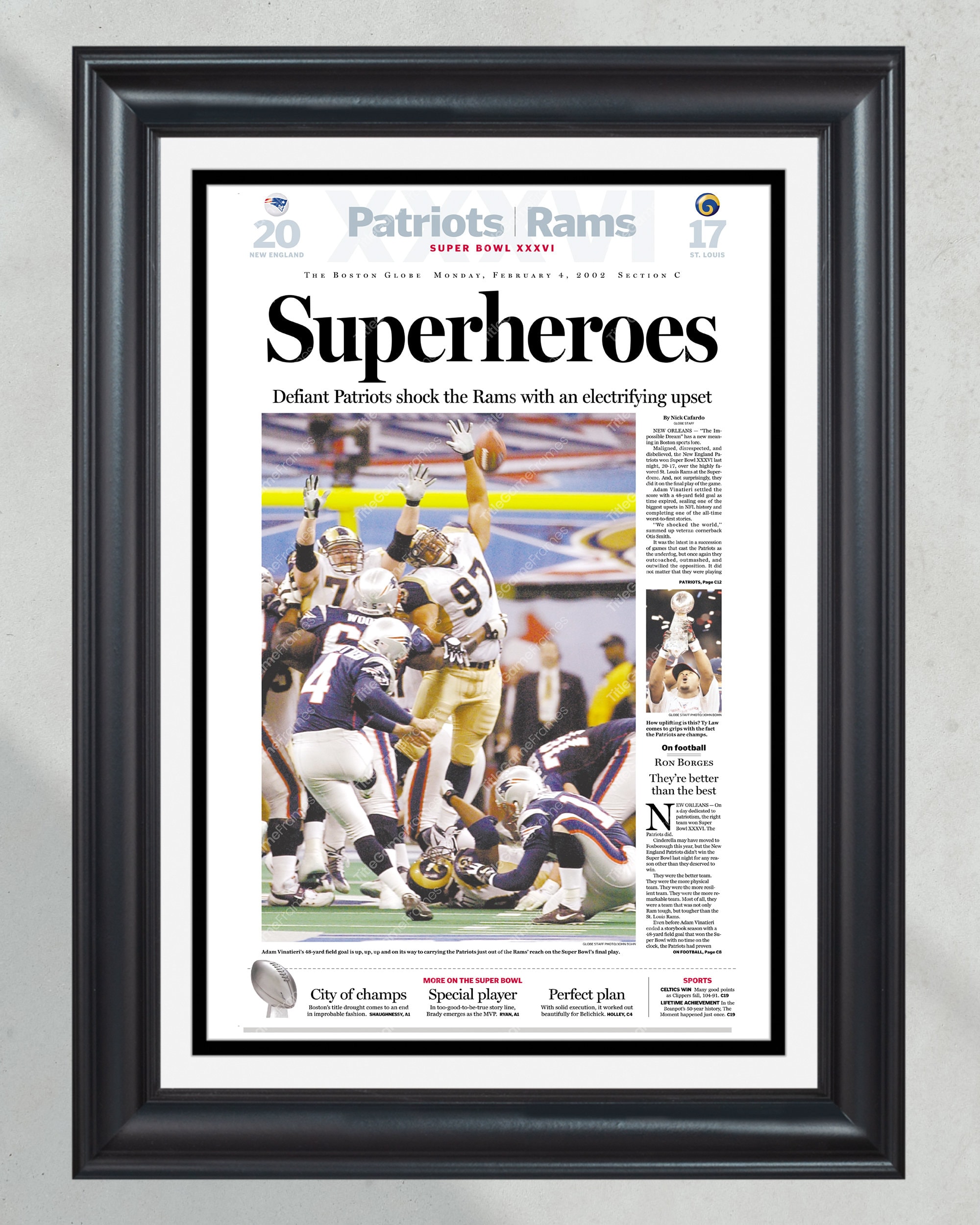 2002 New England Patriots Super Bowl 'Superheroes' Framed Newspaper PT60632