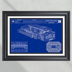 May include: A blueprint style illustration of Cameron Indoor Stadium, home of the Duke Blue Devils basketball team. The illustration shows the exterior of the stadium, the interior seating, and the basketball court.
