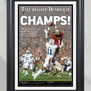 Impresión enmarcada de periódico: "¡Campeones!", campeones nacionales de fútbol americano universitario de los Seminoles de Florida State 2013