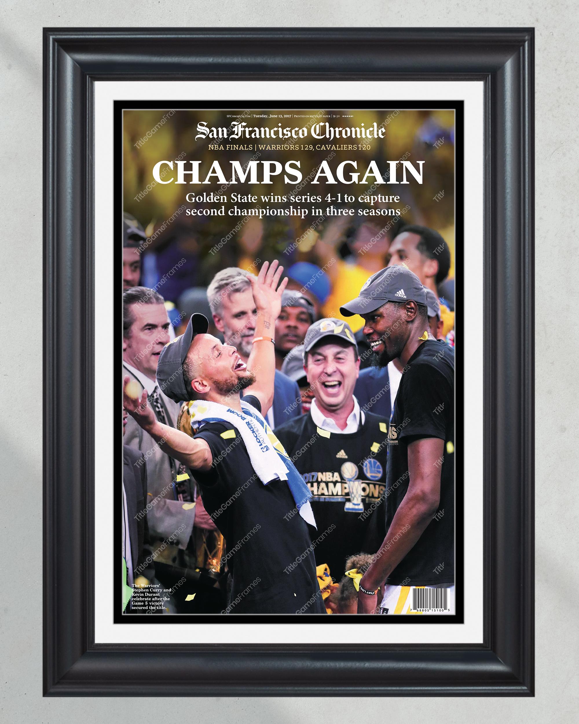 2017 Golden State Warriors 'CHAMPS AGAIN' NBA Champions Framed Front Page Newspaper PT60690
