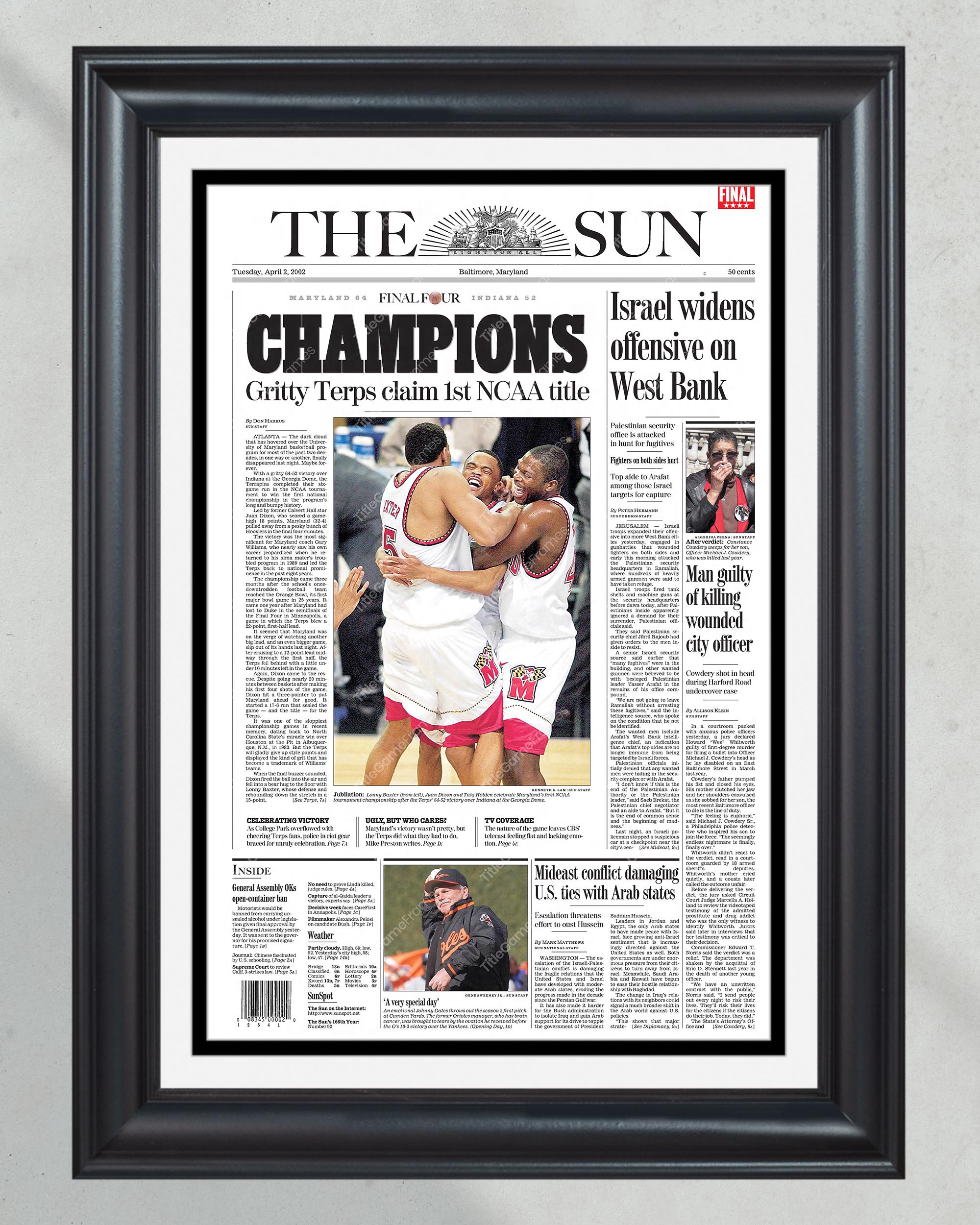 2002 Maryland Terrapins NCAA College Basketball Champions Framed Front Page Newspaper Print PT60782