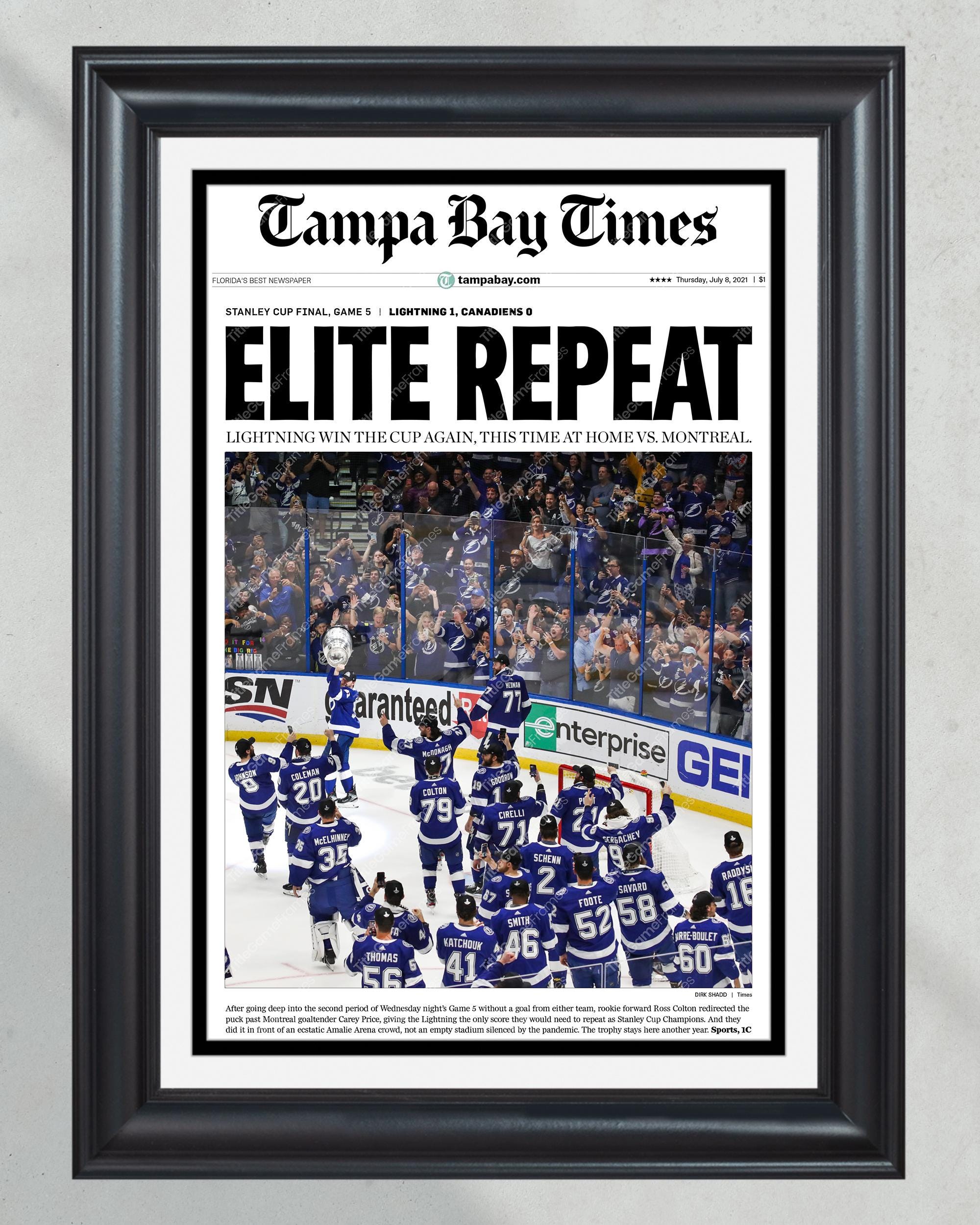 2021 Tampa Bay Lightning Stanley Cup Champions "Elite Repeat" Framed Newspaper Front Page Print PT60608