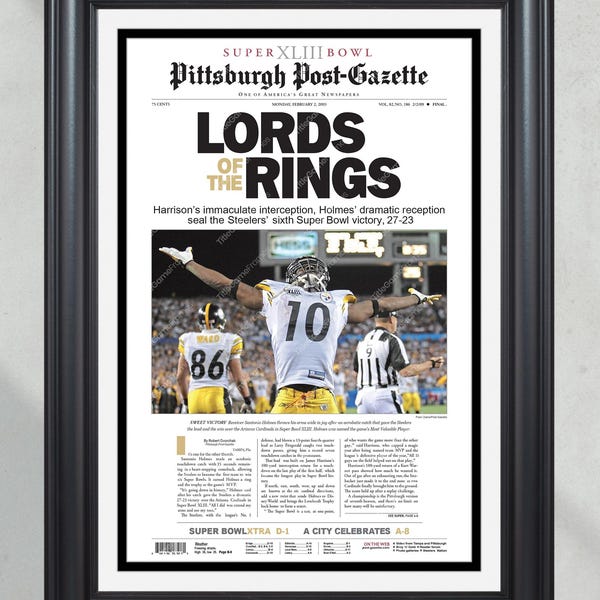 Prima pagina del giornale incorniciata della vittoria dei Pittsburgh Steelers al Super Bowl XLIII del 2009