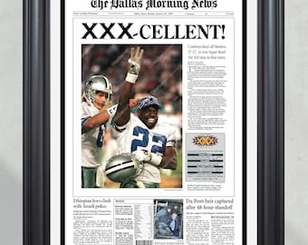 Portada de periódico enmarcada de los Dallas Cowboys campeones del Super Bowl de 1996