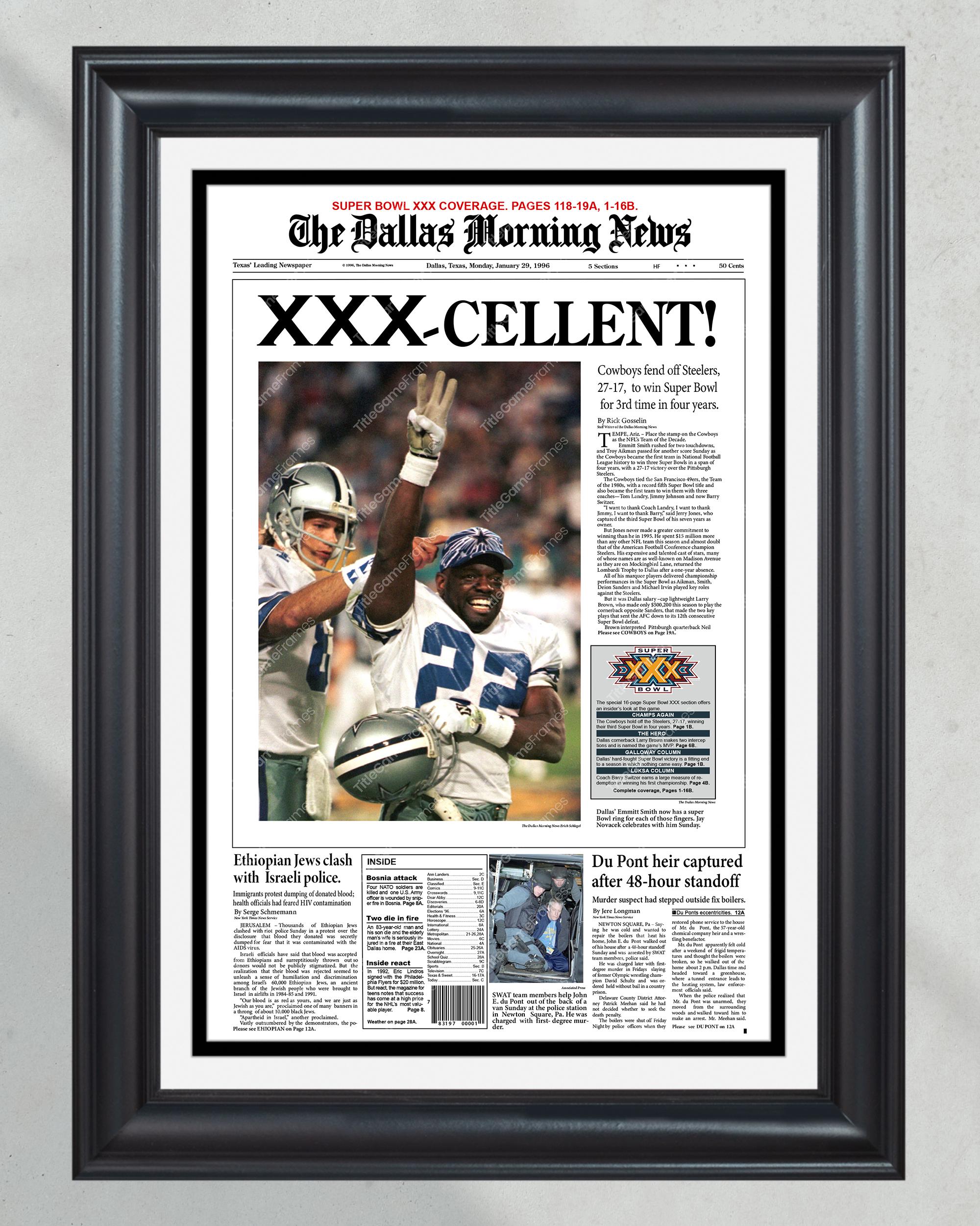 1996 Dallas Cowboys Super Bowl Champion Framed Newspaper Front Page Print PT60734