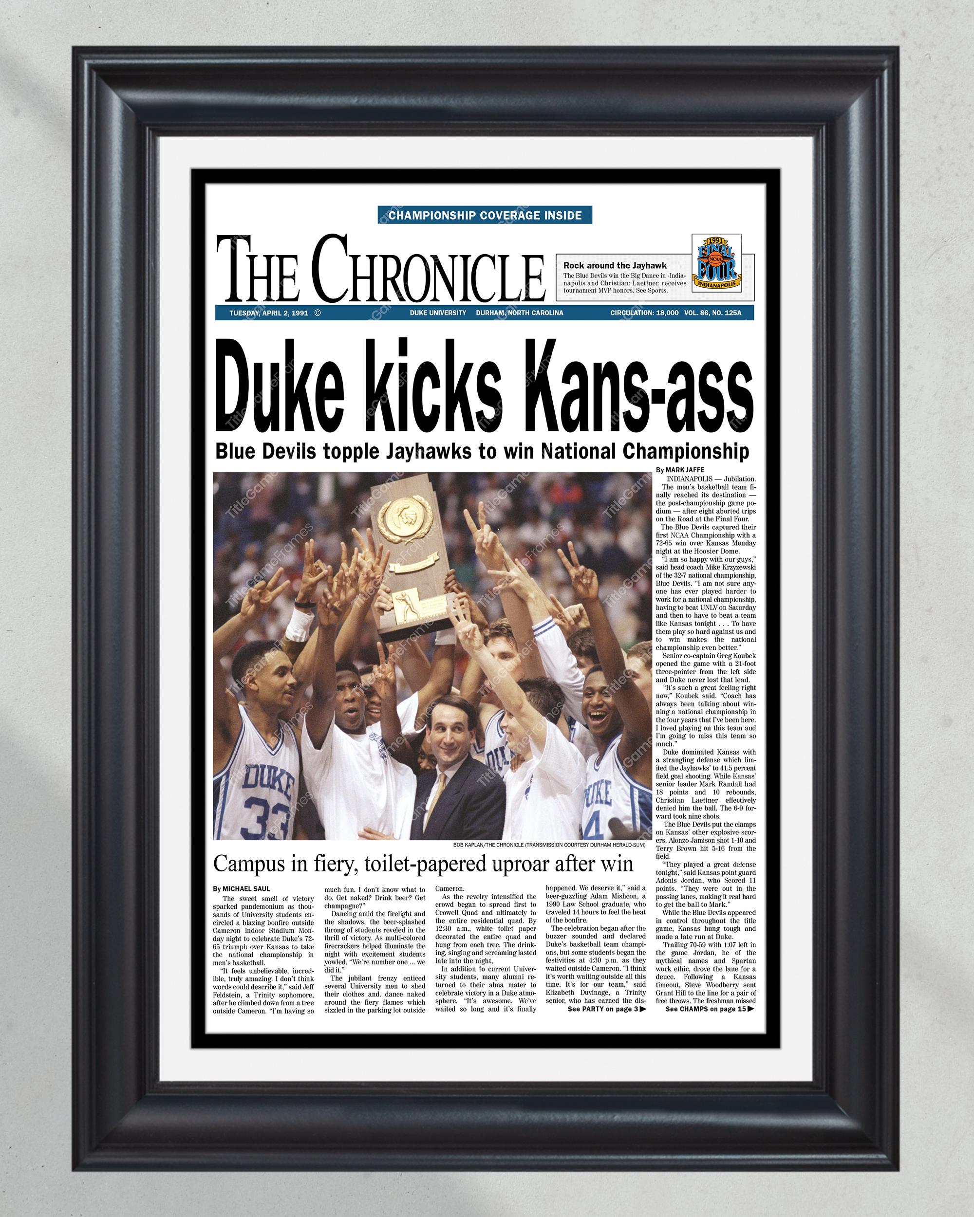 1991 Duke Blue Devils National Championship Framed Newspaper - 'Duke Kicks Kansas' PT60672