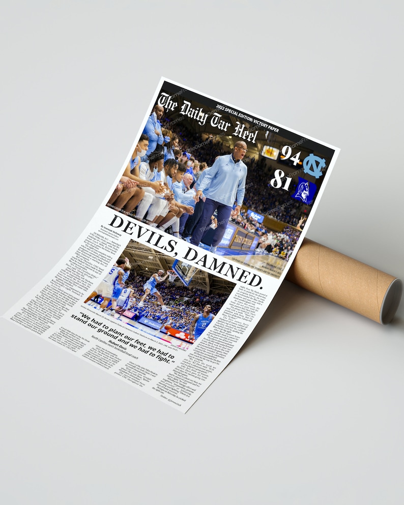 Puede incluir: Un titular de peri&oacute;dico de estilo vintage que anuncia una victoria en baloncesto con el texto "DEVILS, DAMNED." y una foto de un partido de baloncesto en curso. El titular tambi&eacute;n incluye el marcador "94" y "81".