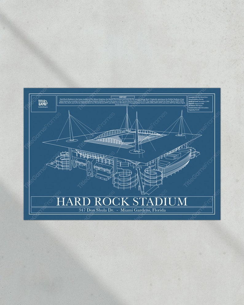 Miami Dolphins Hard Rock Stadium Blueprint Football Print image 6