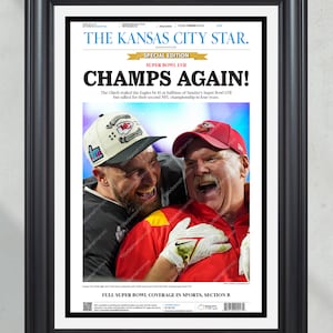 2023 Kansas City Chiefs “CHAMPS AGAIN!” Super Bowl LVII Champions Framed Front Page Newspaper Print