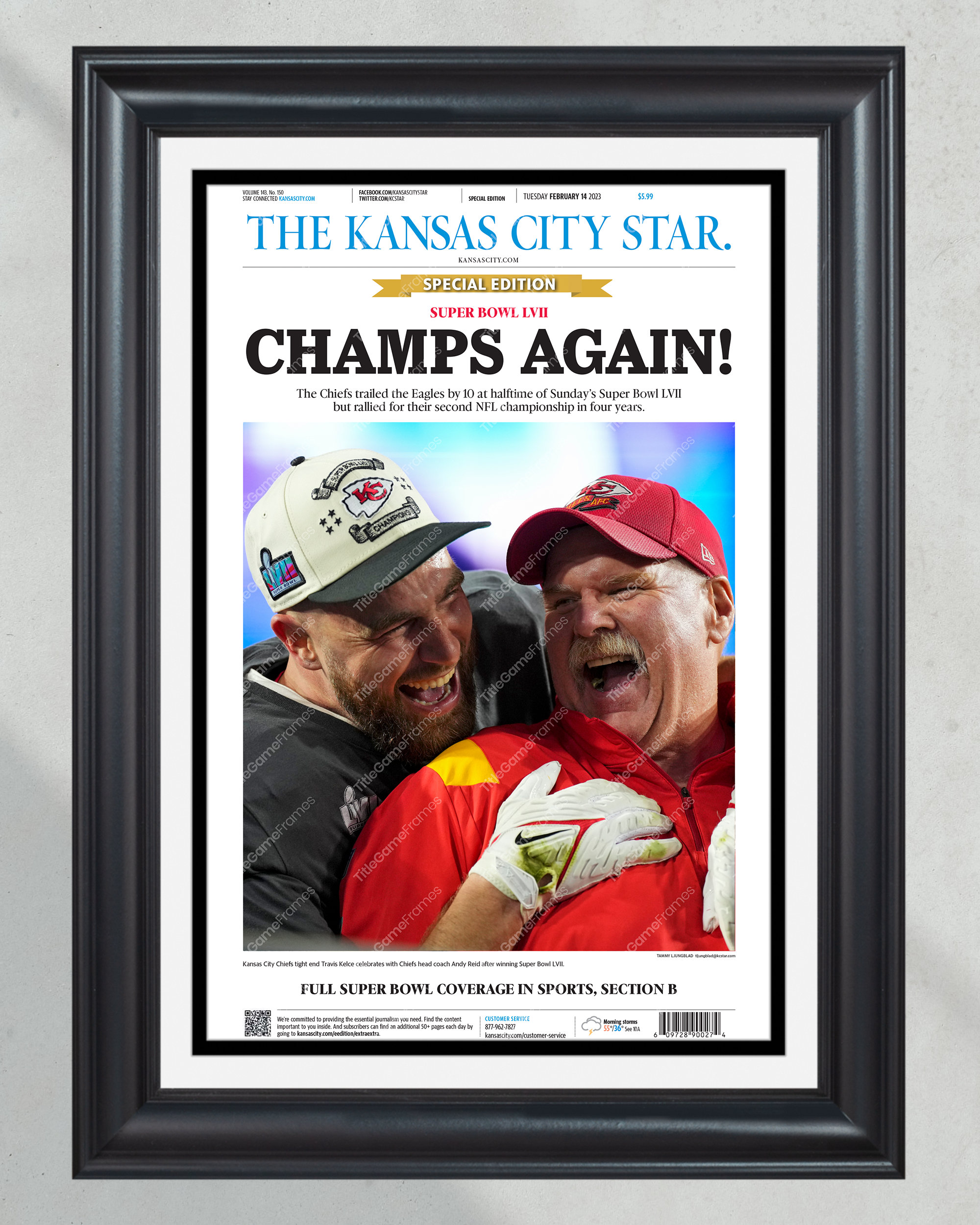 2023 Kansas City Chiefs "CHAMPS AGAIN!" Super Bowl LVII Champions Framed Front Page Newspaper Print PT60773