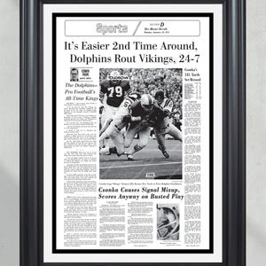 1974 Miami Dolphins Super Bowl VIII Champions Framed Front Page Newspaper Print