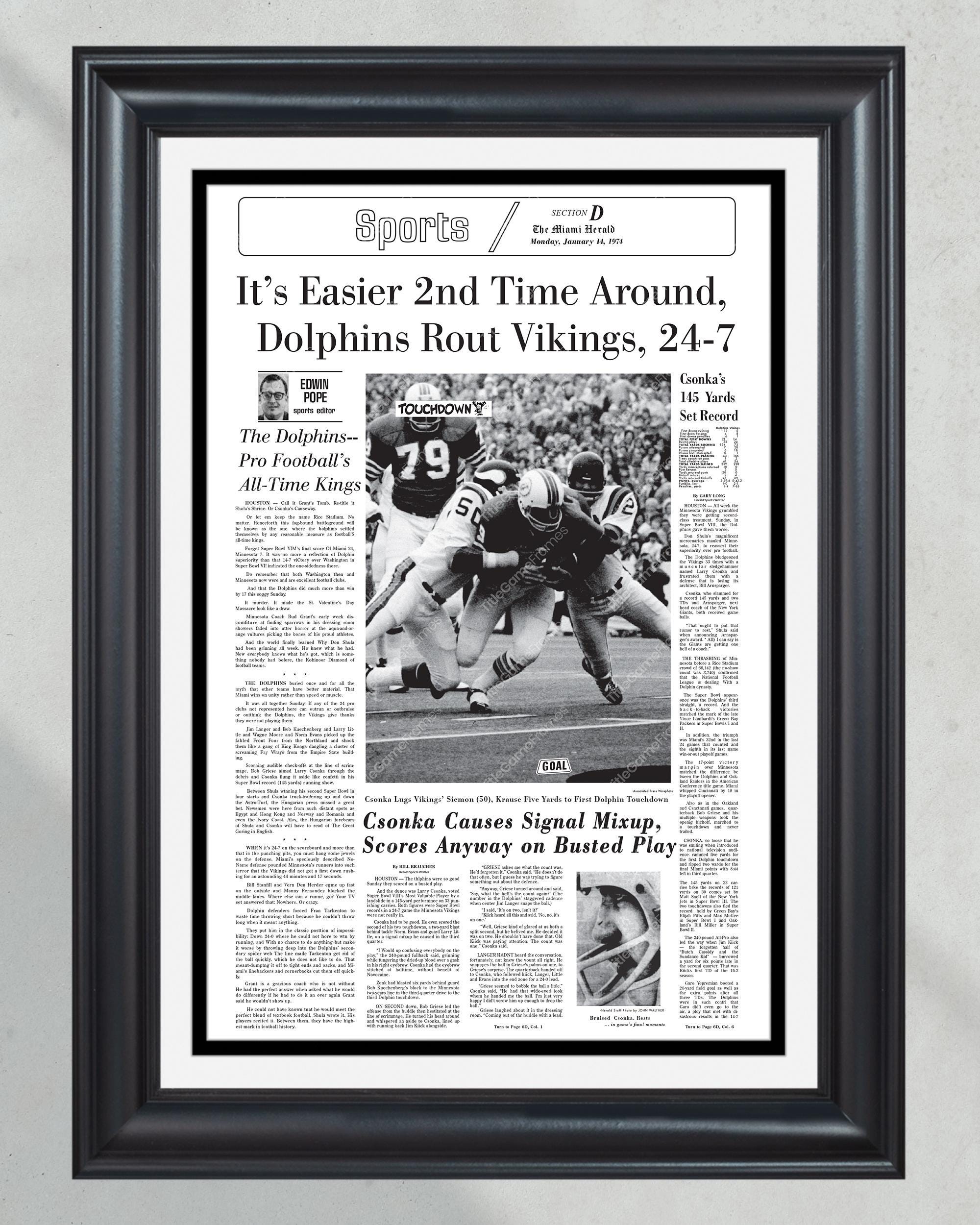 1974 Miami Dolphins Super Bowl VIII Champions Framed Front Page Newspaper Print PT60380