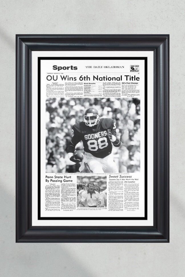1985 Oklahoma Sooners NCAA College Football National Champions Framed Front Page Newspaper Print PT60697