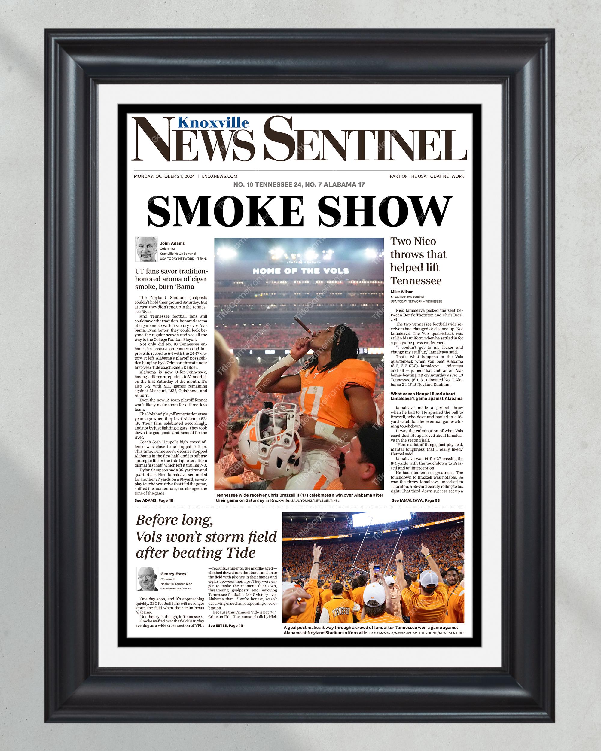 2024 Tennessee Volunteers "SMOKE SHOW" Upsets Alabama Crimson Tide Framed Front Page Newspaper PT60651