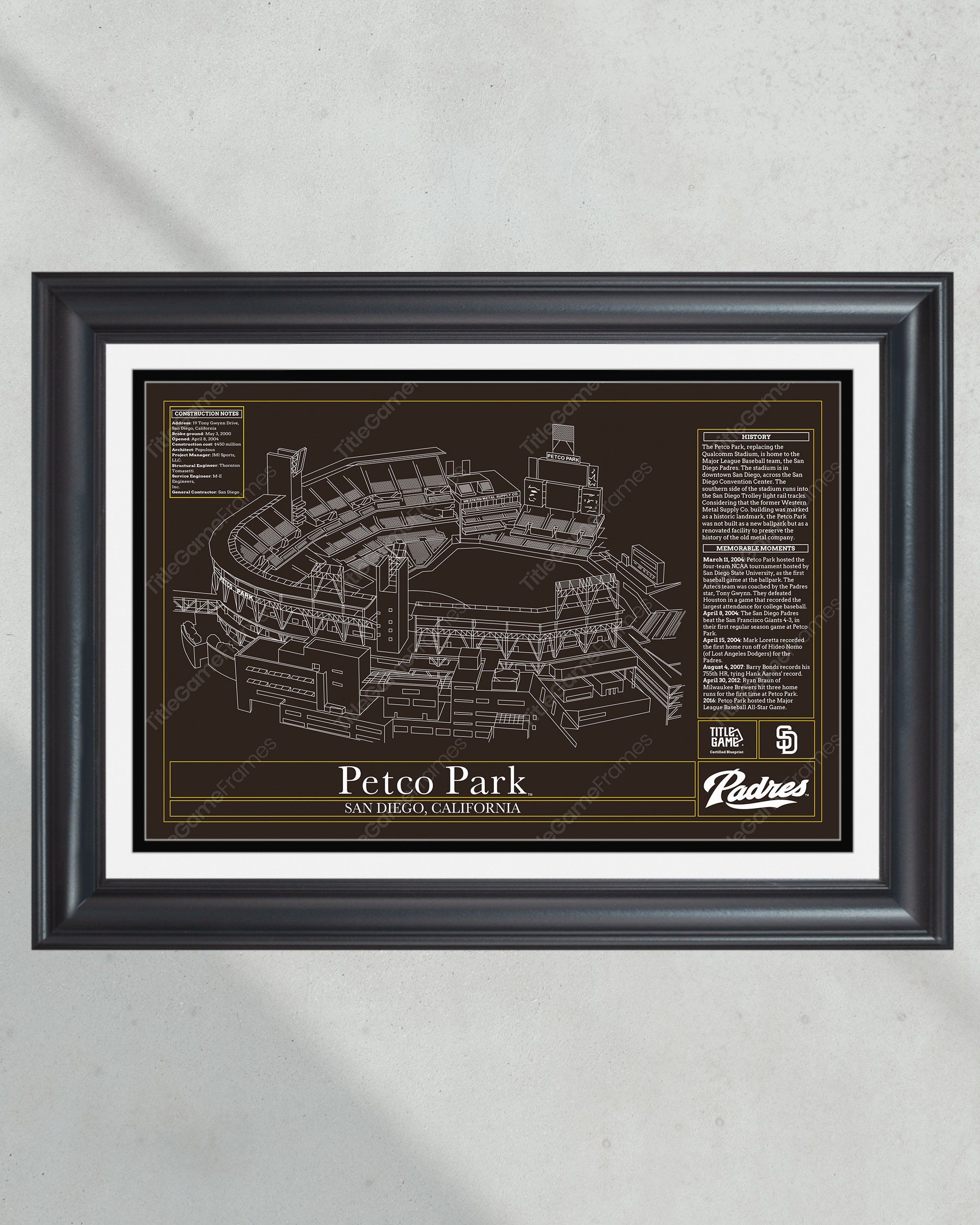 San Diego Padres Petco Park Stadium Ballpark Blueprint Baseball Wall Art PT60858