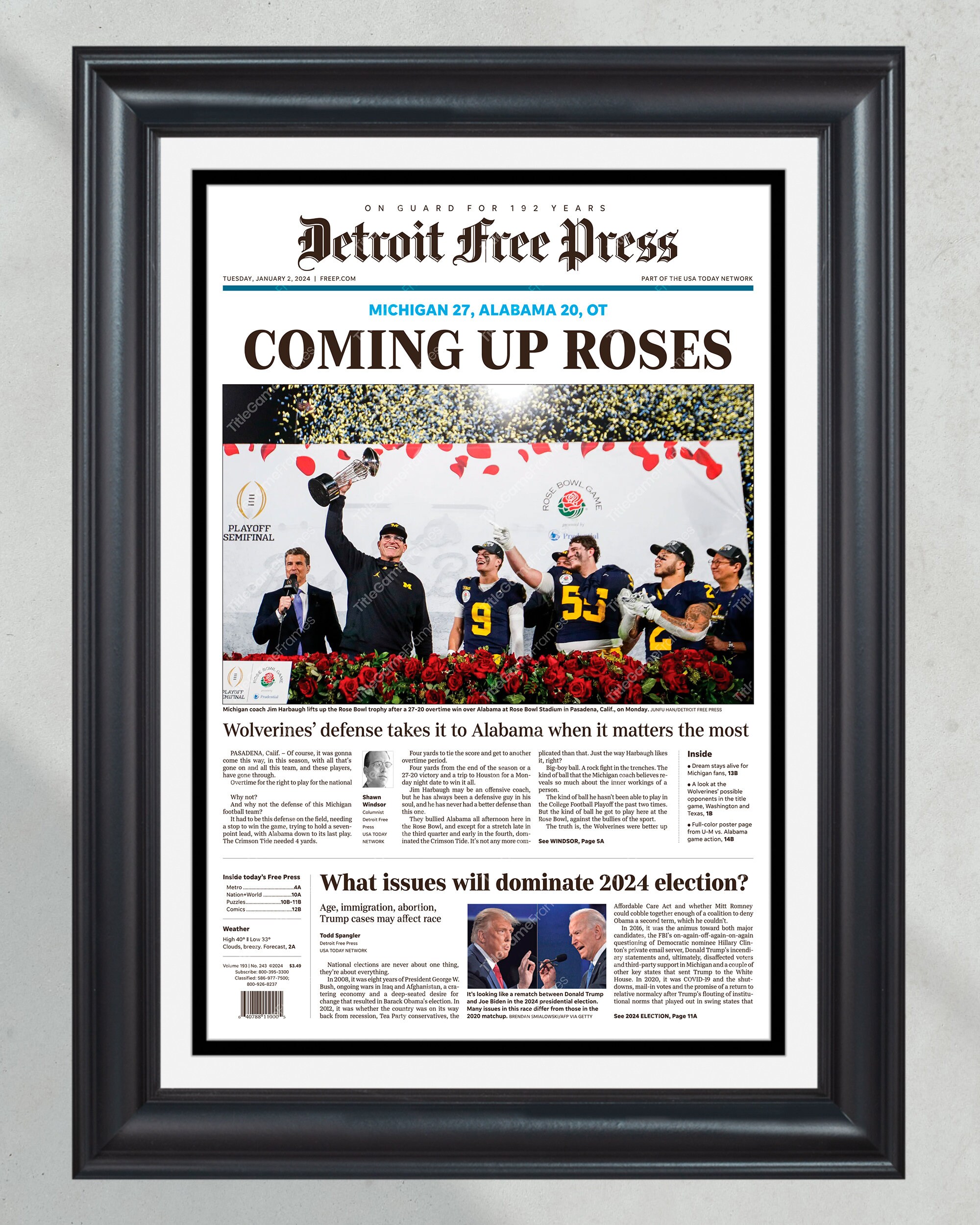 2023 Michigan vs. Alabama Rose Bowl OT Victory - Framed Newspaper Print PT61077