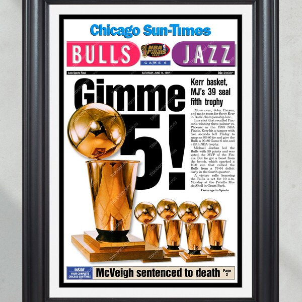 1997 Chicago Bulls NBA Champion Framed Front Page Newspaper Print