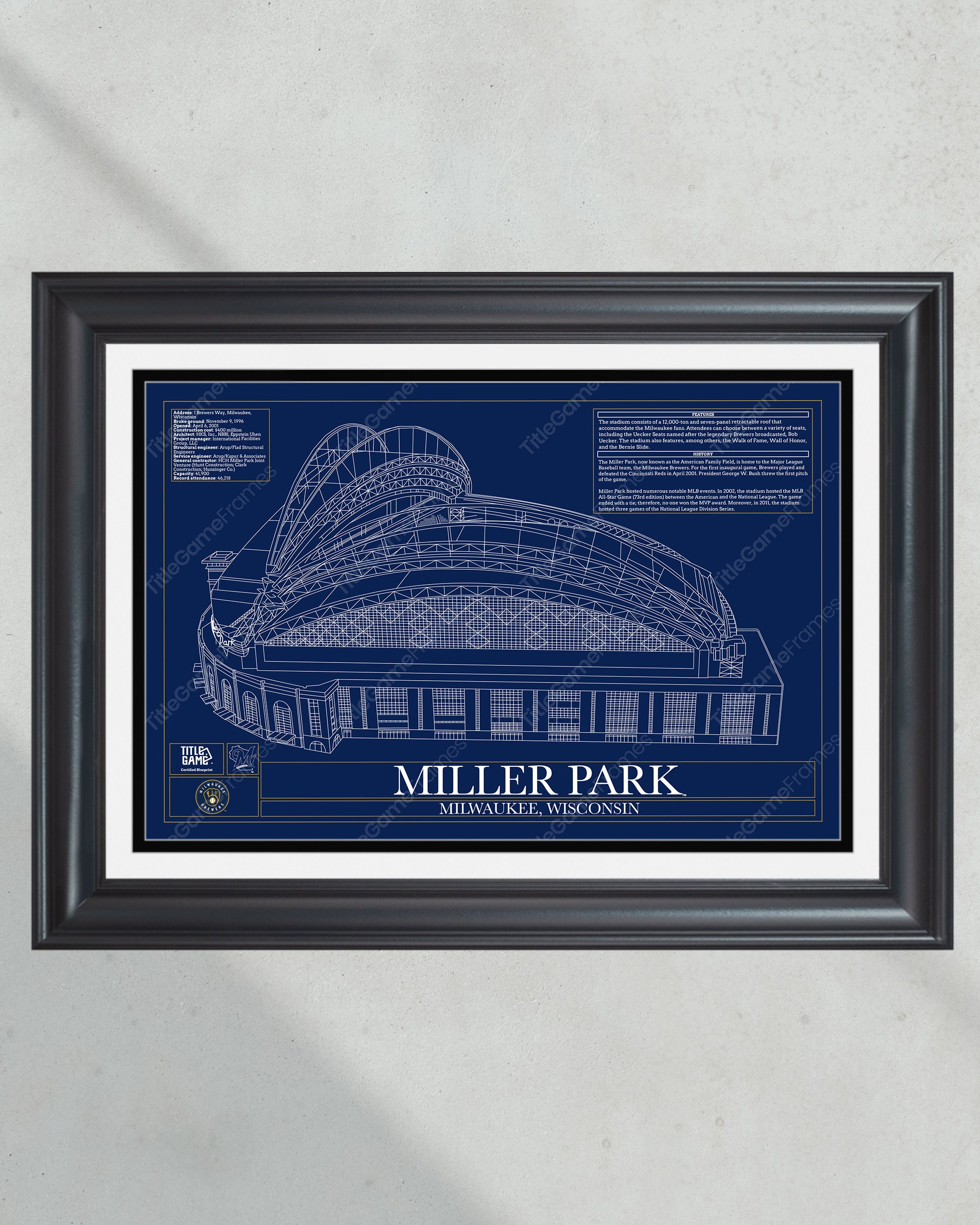 Milwaukee Brewers Miller Park Stadium Ballpark Blueprint Baseball Wall Art PT60371