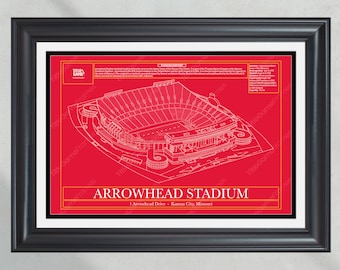 May include: A red and white blueprint style illustration of Arrowhead Stadium in Kansas City, Missouri. The stadium is a large, open-air structure with a large field and seating for thousands of spectators. The illustration includes the stadium's name, address, and a brief description of the stadium's history.