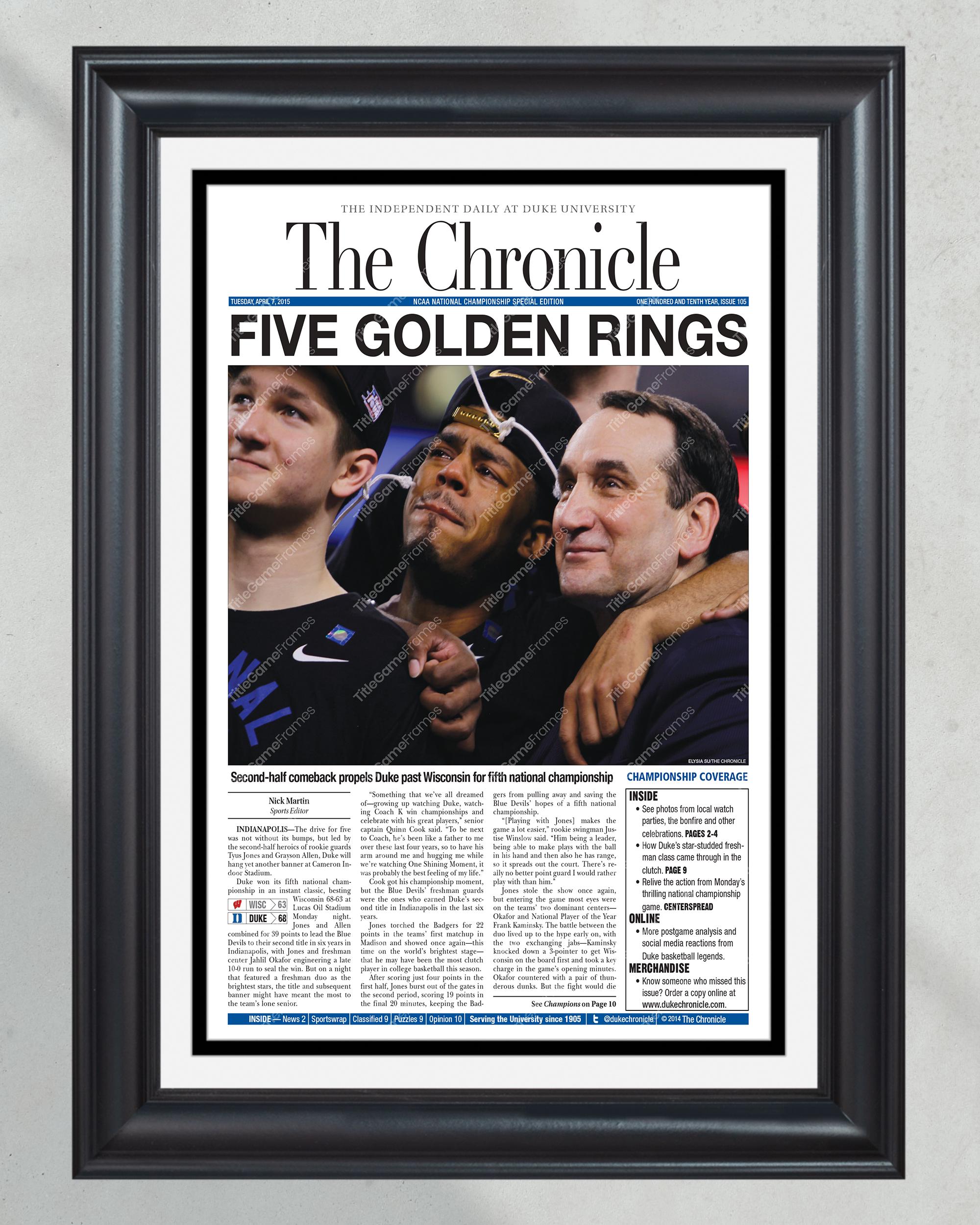 2015 Duke Blue Devils NCAA Basketball Champions Framed Newspaper - 'Five Golden Rings' PT60556