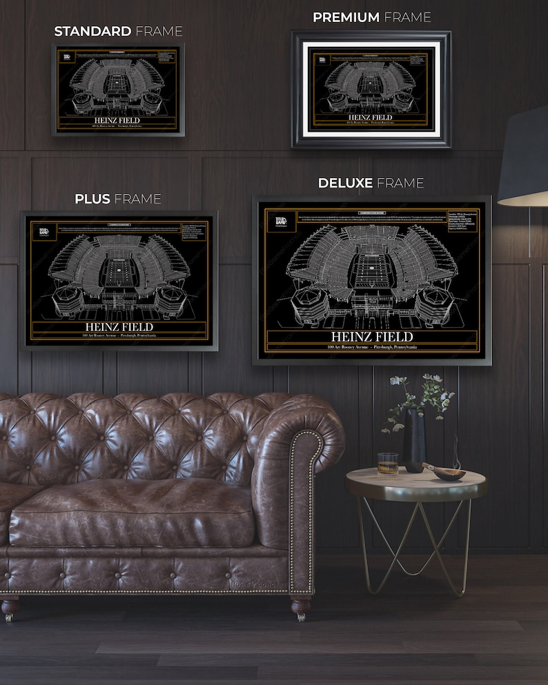 May include: Four different frame options for a black and white architectural print of Heinz Field, a football stadium in Pittsburgh, Pennsylvania. The print features the text "HEINZ FIELD" and the stadium's address.