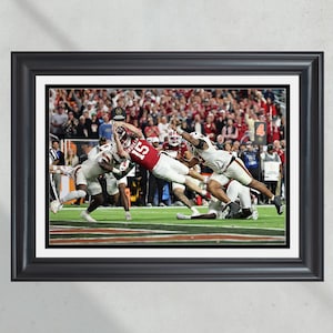 May include: A framed photograph captures a dynamic football play. A player in a red jersey, number 15, is mid-air, surrounded by players in white uniforms. The background shows a stadium filled with spectators, creating a sense of action and competition.