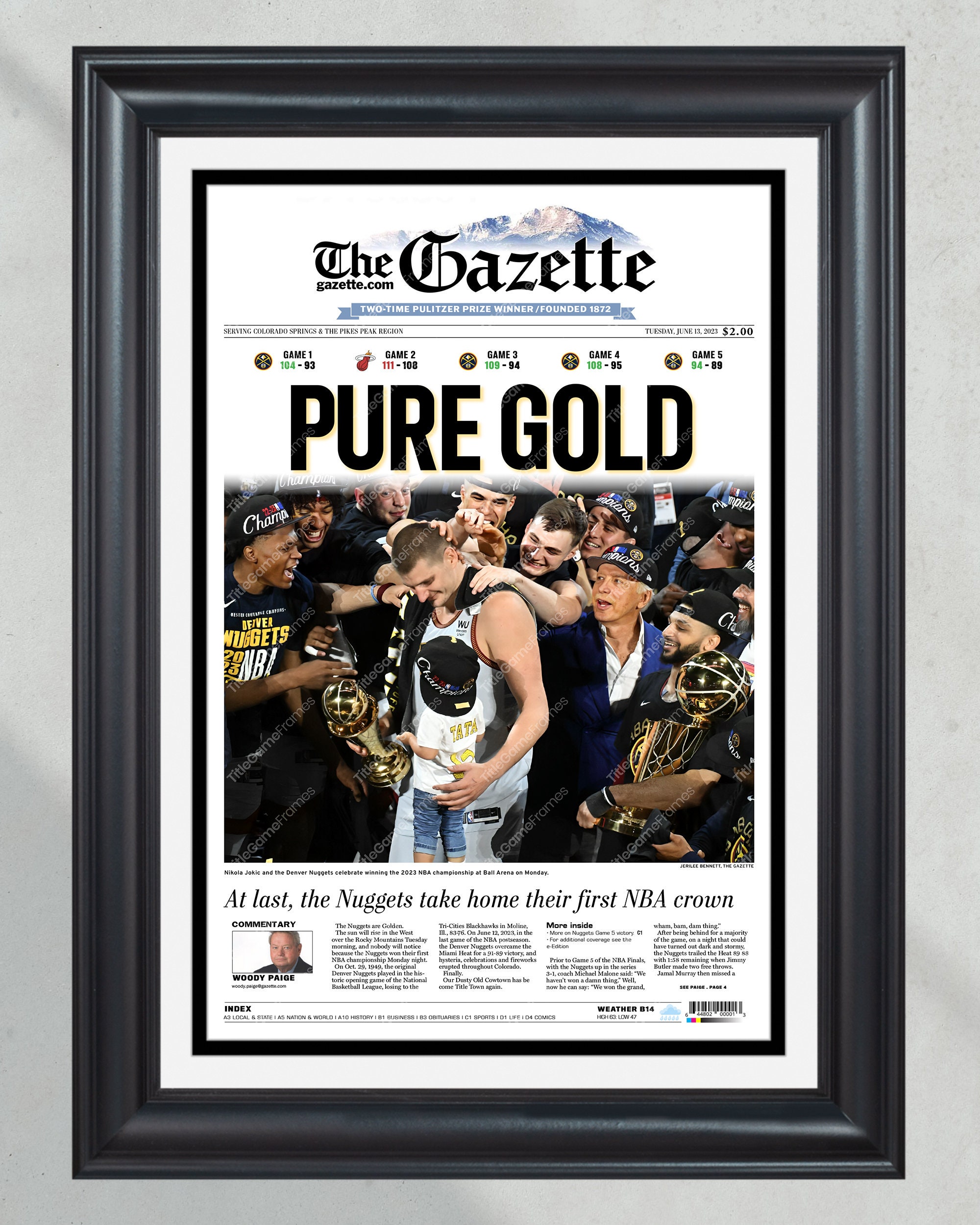 2023 Denver Nuggets NBA Champions 'PURE GOLD' Commemorative Framed Newspaper PT60705