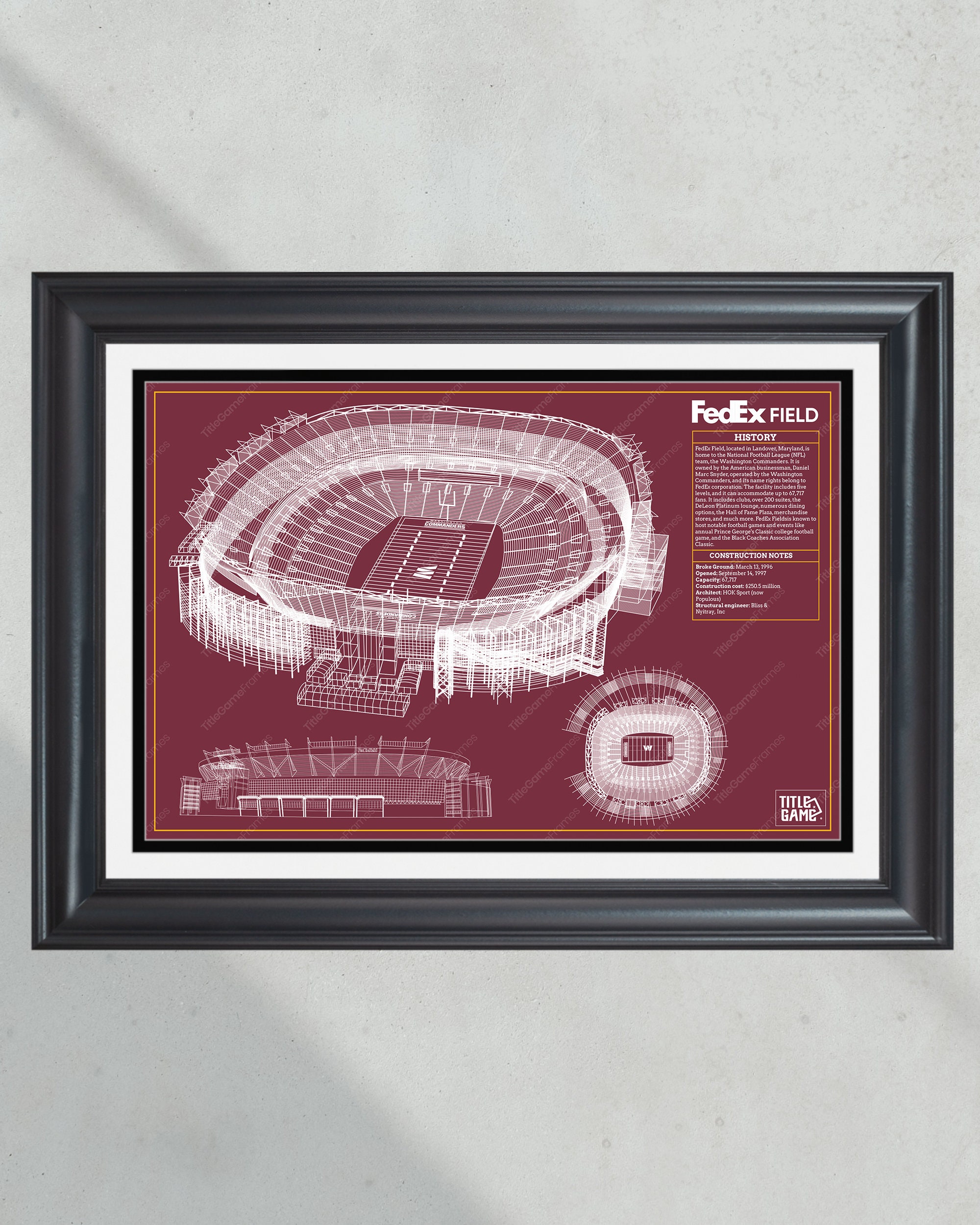 Washington Commanders Fedex Field Stadium Blueprint Football Print PT60258