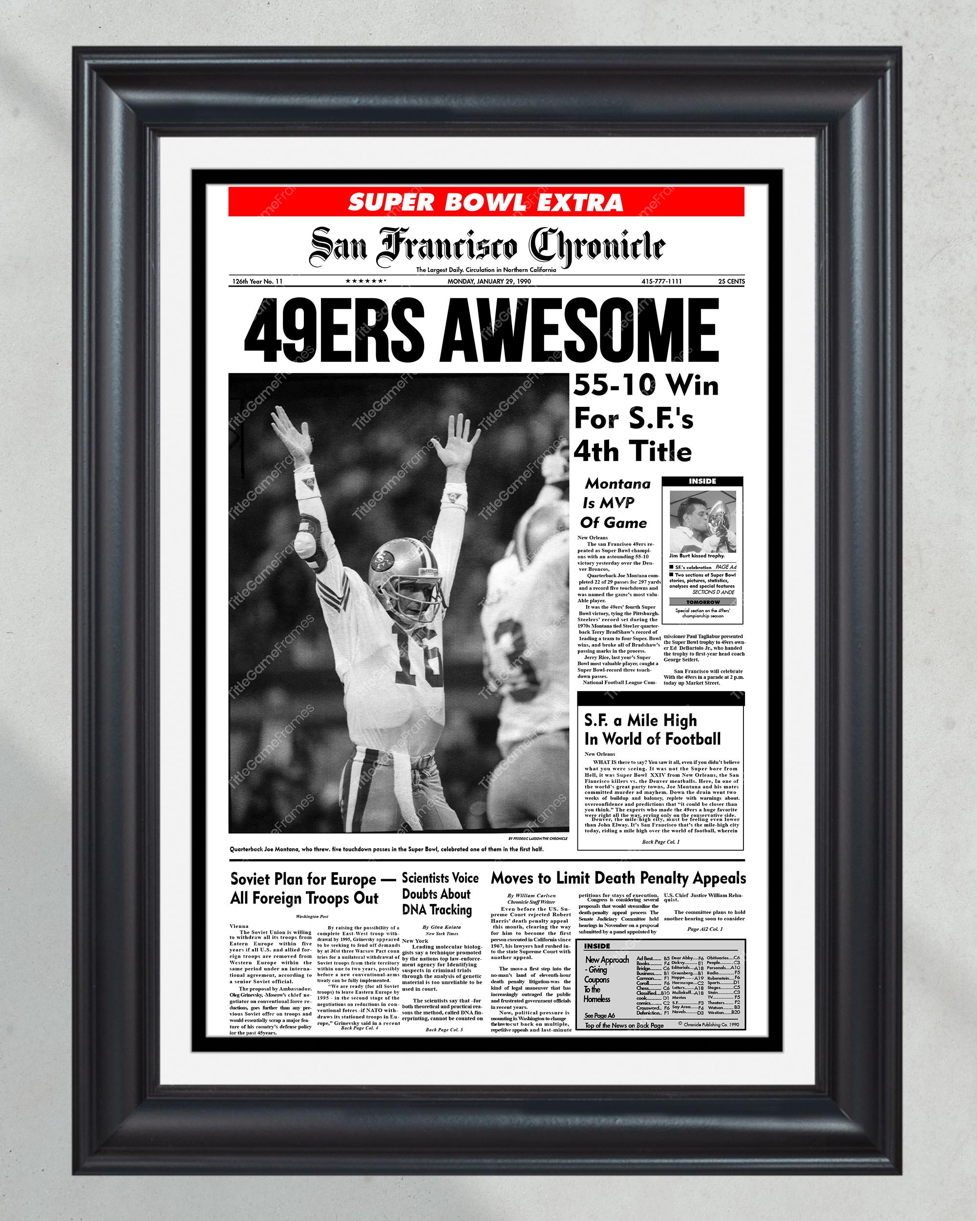 1990 San Francisco 49ers Super Bowl Champions Framed Front Page Newspaper Print PT60600