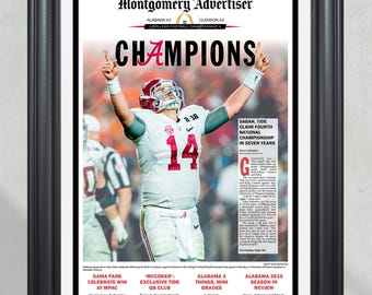Impresión de periódico enmarcada de la edición 2015 de los Alabama Crimson Tide, campeones nacionales.