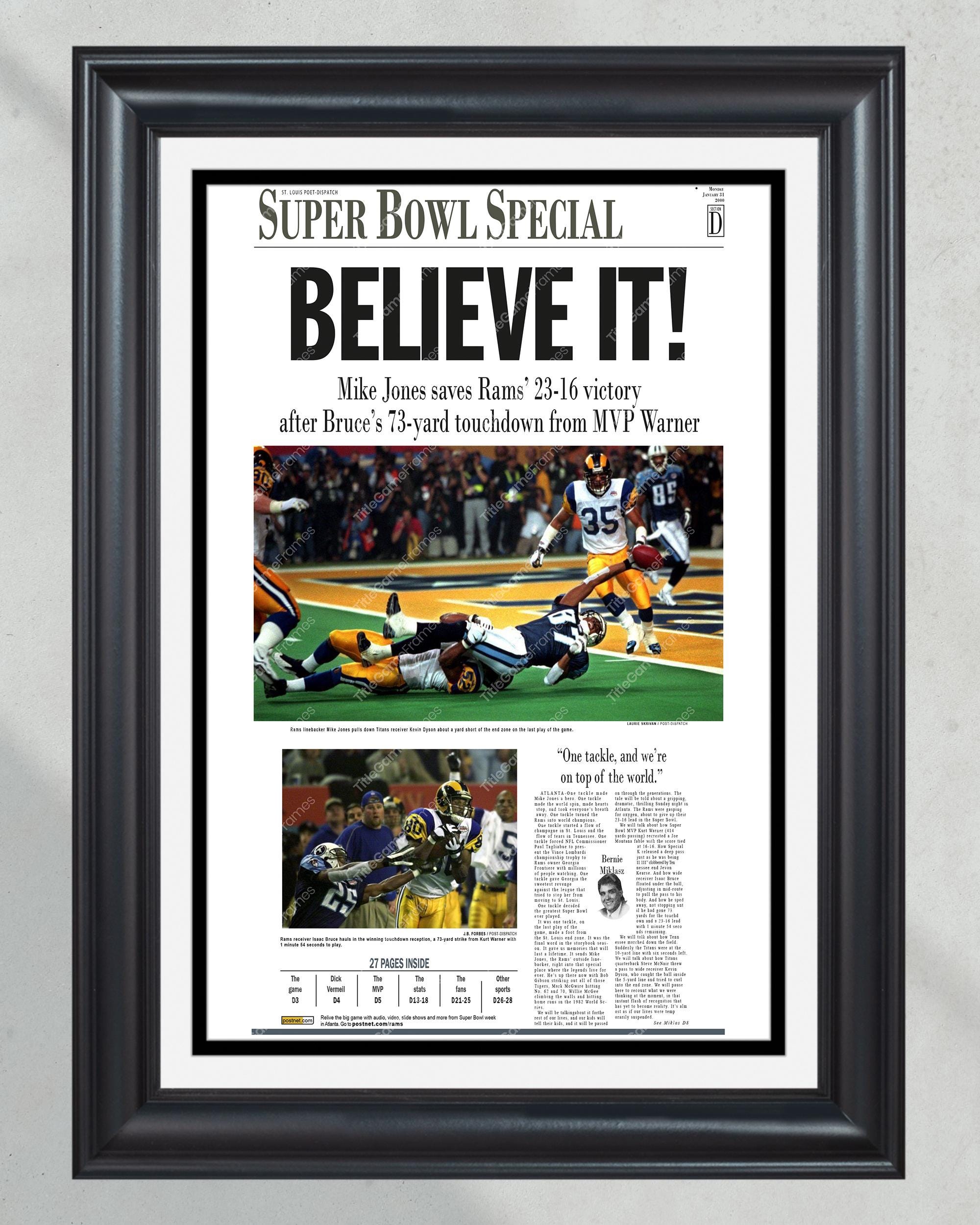 2000 Saint Louis Rams Super Bowl Champions 'BELIEVE IT!' Framed Front Page Newspaper Print PT60425