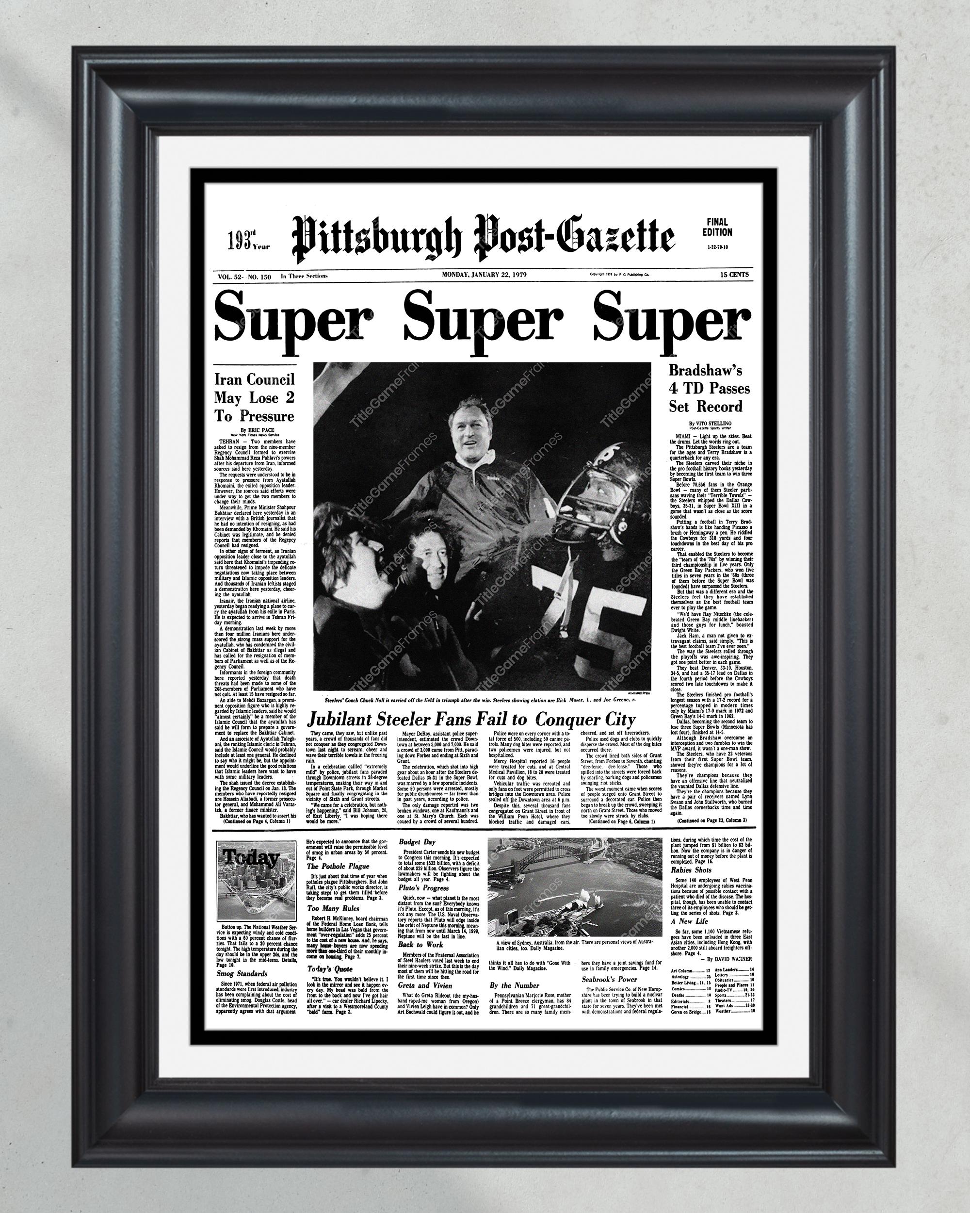 1979 Pittsburgh Steelers Super Bowl XIII Champions "Super" Framed Front Page Newspaper PT60410