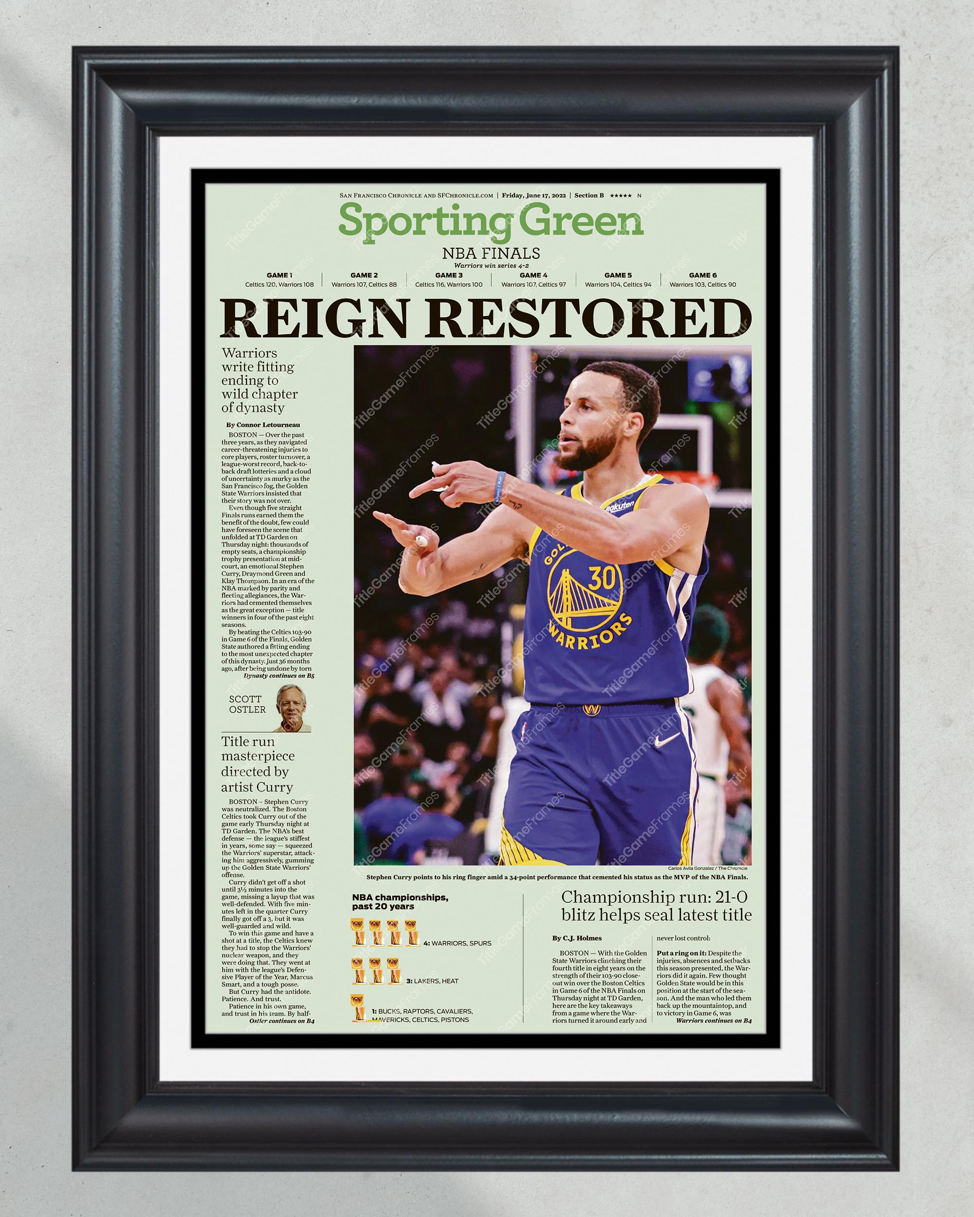 2022 Golden State Warriors "Reign Restored" NBA Champion Framed Front Page Newspaper Print PT60196