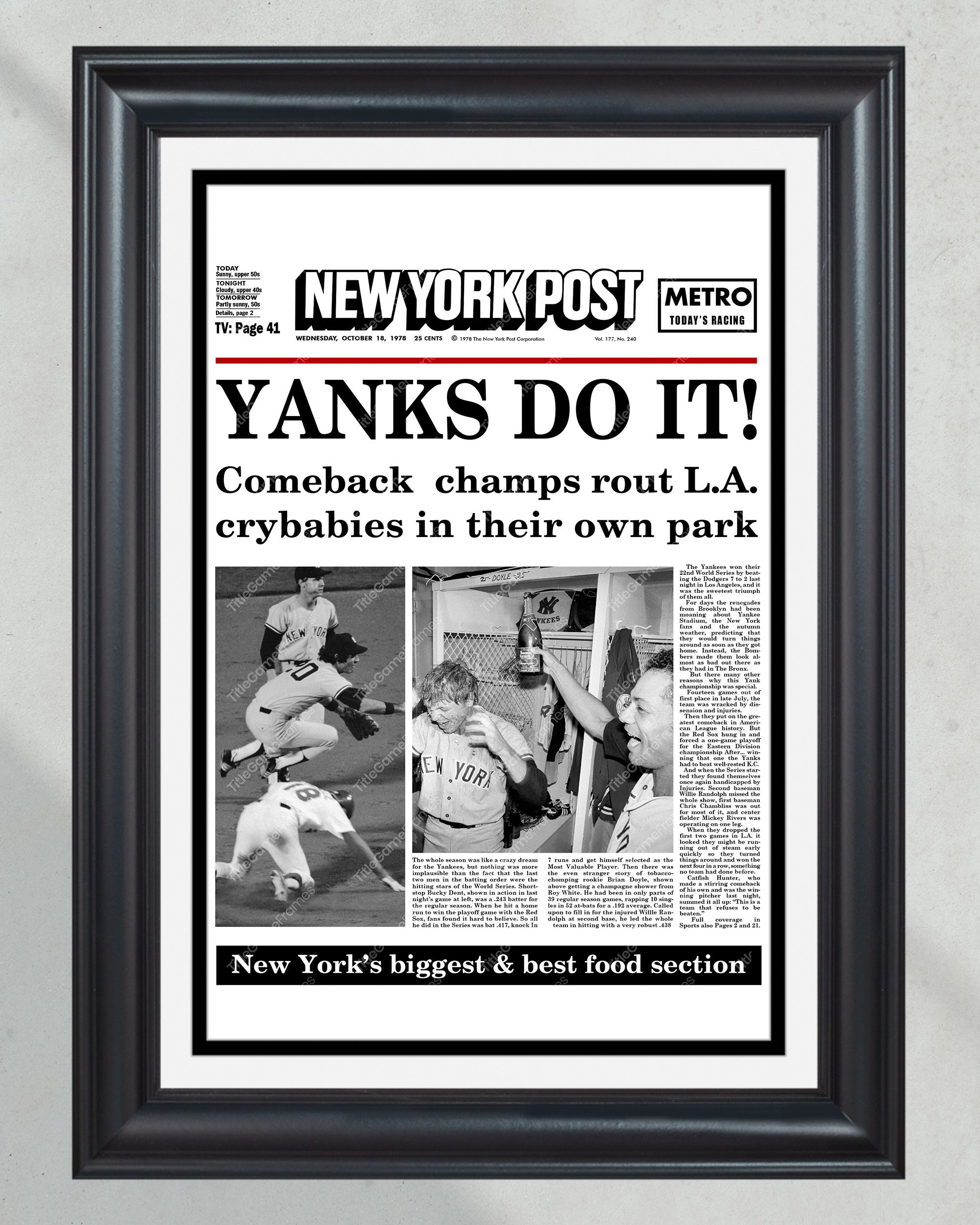1978 Yankees World Series Champions 'Yanks do it!' Framed Newspaper PT60721