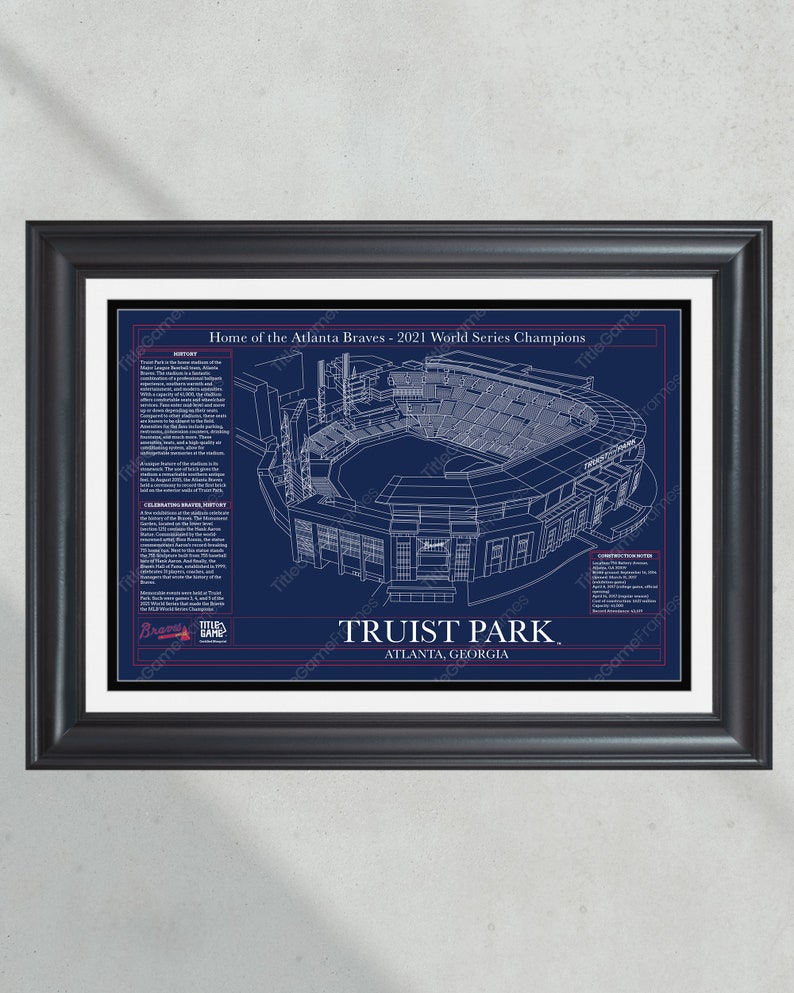 Truist Park Blueprint in Premium Black Frame (17"x23") with Atlanta Braves Team-Themed Navy Blue Background.
