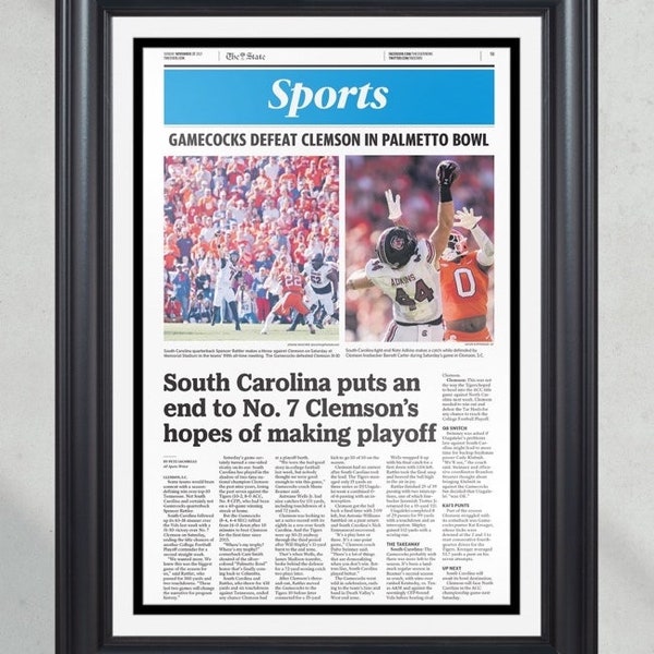 2022 South Carolina Gamecocks def. Clemson Tigers Framed Front Page Newspaper Print