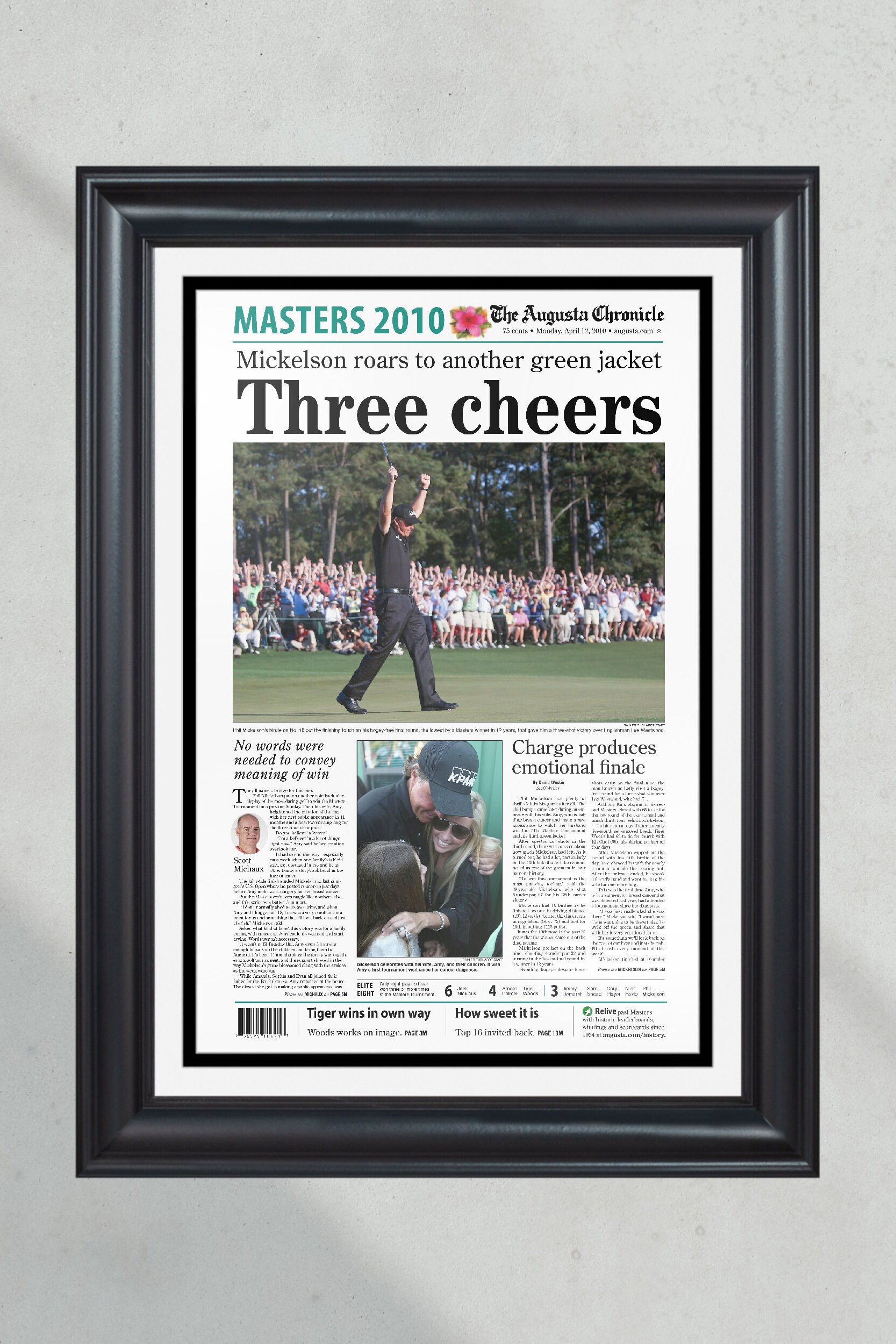 2010 Phil Mickelson 'Three Cheers' Masters Champion Framed Newspaper Print PT60728