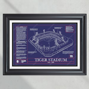 Detroit Tigers Tiger Stadium Stadium Ballpark Blueprint Baseball Wall Art