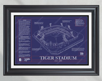 Puede incluir: Una ilustración de estilo plano de Tiger Stadium, un estadio de béisbol en Detroit, Michigan. El estadio fue el hogar de los Detroit Tigers de 1912 a 1999. La ilustración incluye las dimensiones del estadio, la capacidad de asientos y otros eventos notables.