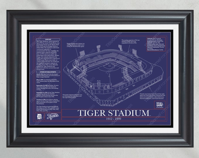 Detroit Tigers Tiger Stadium Stadium Ballpark Blueprint Baseball Wall Art