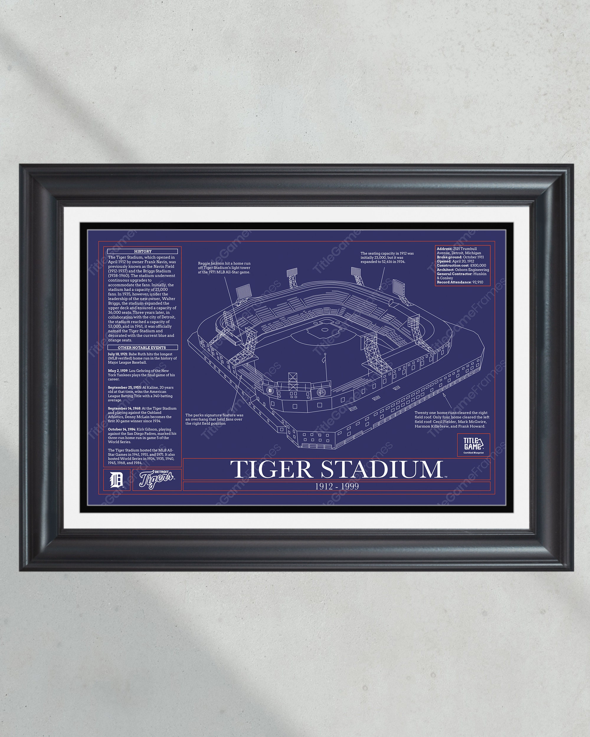 Detroit Tigers Tiger Stadium Stadium Ballpark Blueprint Baseball Wall Art PT60444