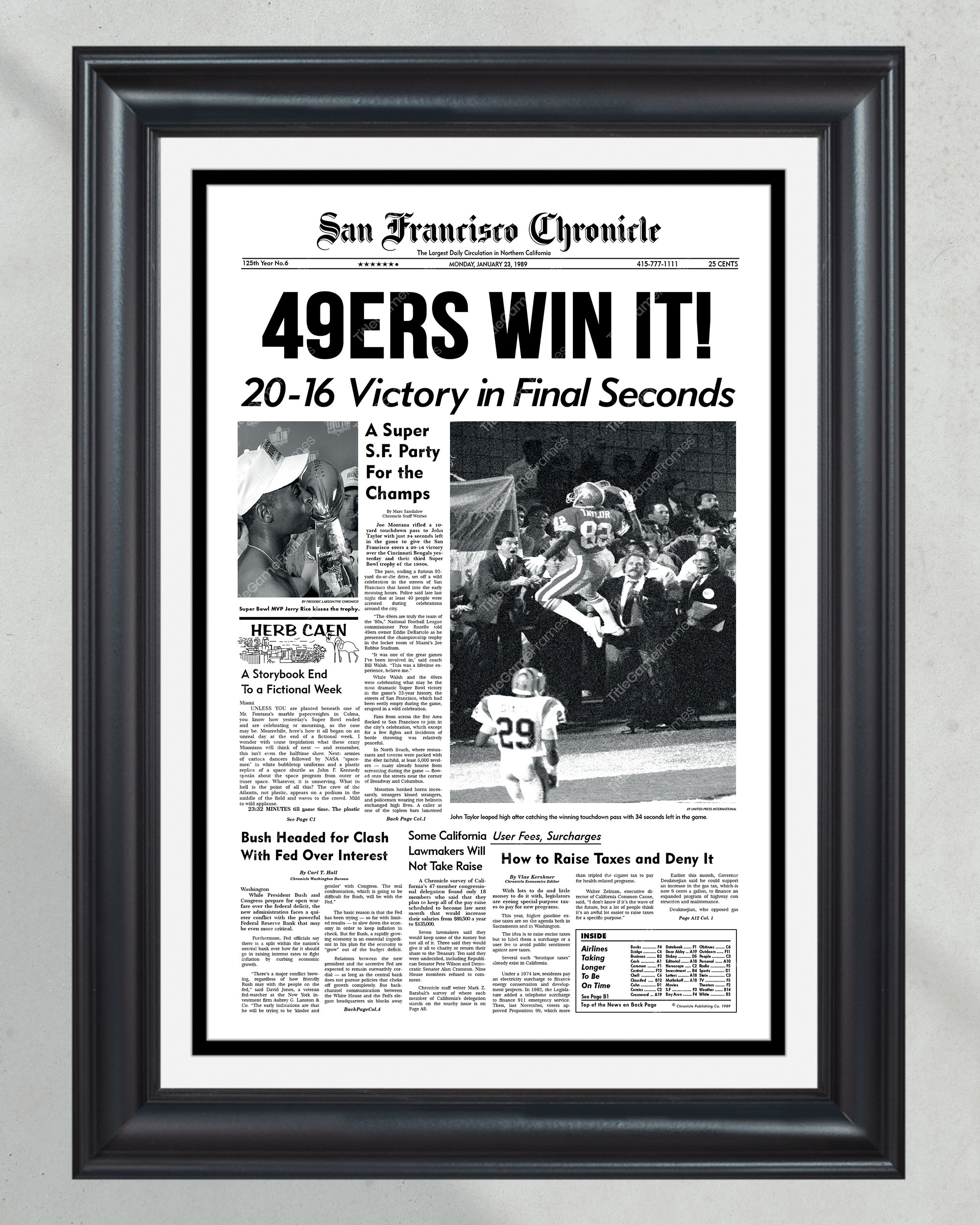 1989 San Francisco 49ers Super Bowl XXIII Champions Framed Front Page Newspaper Print PT60593