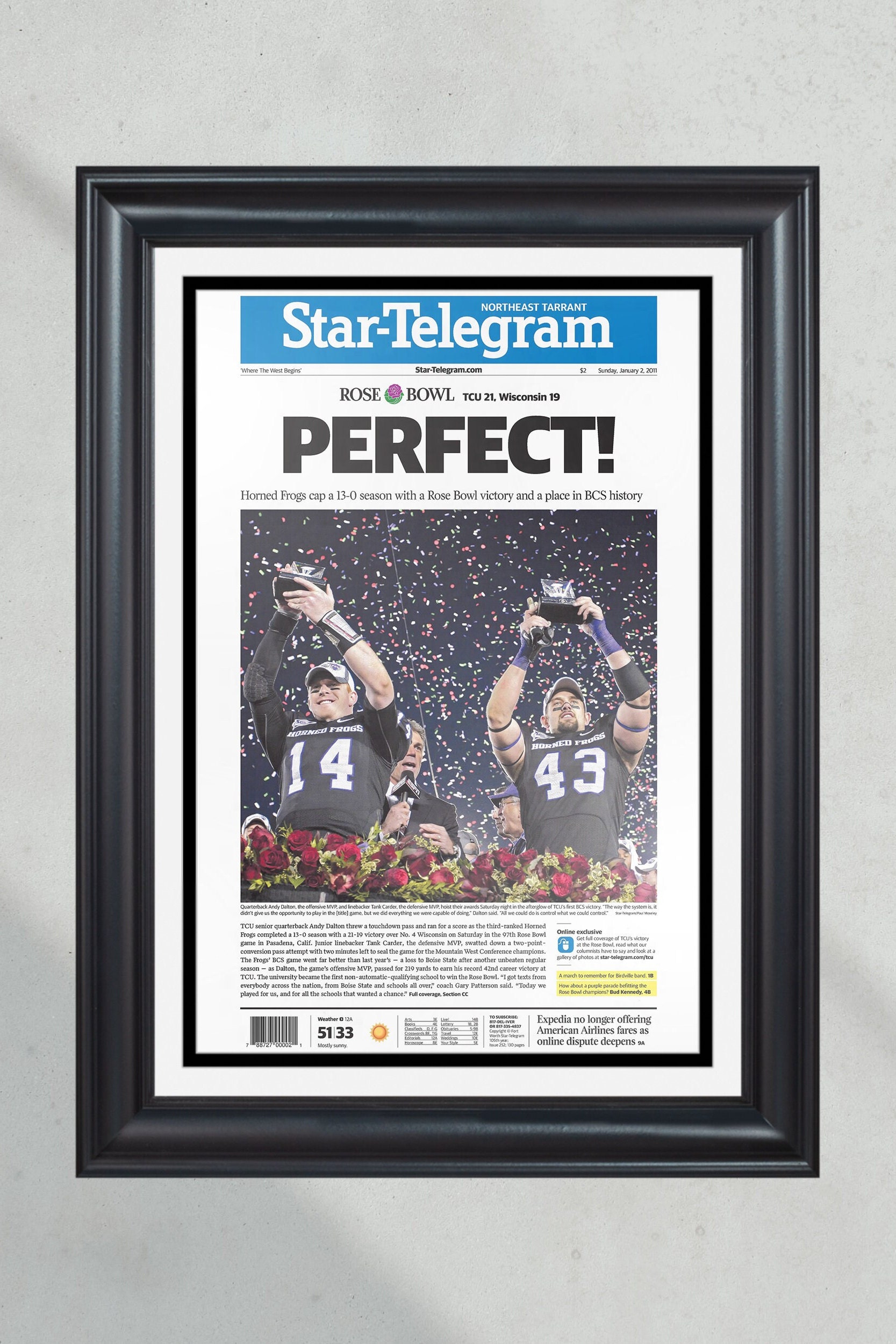 2011 Rose Bowl TCU Defeats Wisconsin 'PERFECT!' Framed Front Page Newspaper Print PT60800